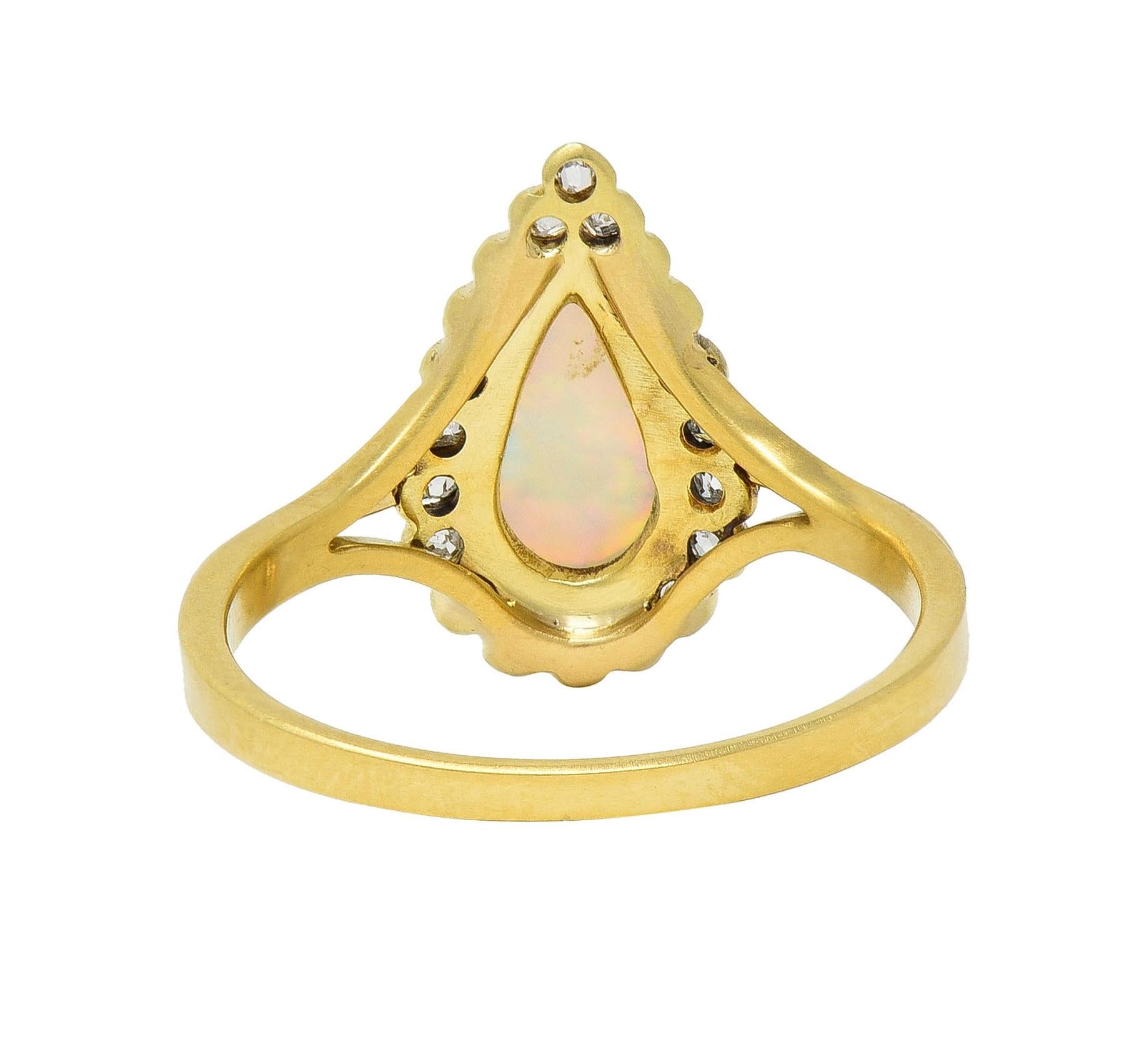 Victorian Opal Pear Cabochon Old Mine Diamond 18 Karat Yellow Gold Halo Ring