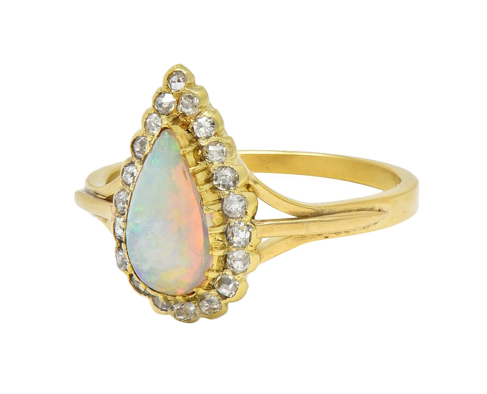 Victorian Opal Pear Cabochon Old Mine Diamond 18 Karat Yellow Gold Halo Ring