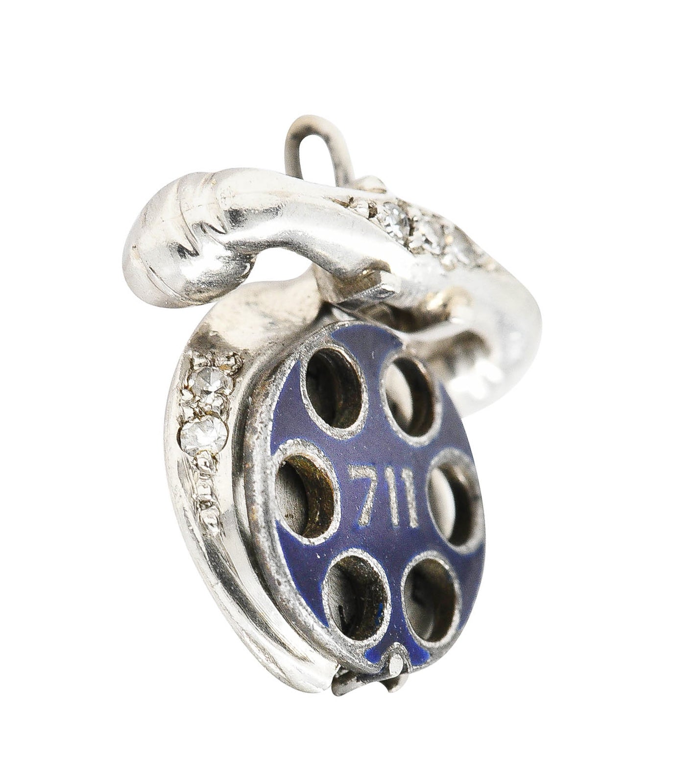 Art Deco Diamond Enamel Platinum HELLO I LOVE YOU Vintage Phone Charm Wilson's Estate Jewelry