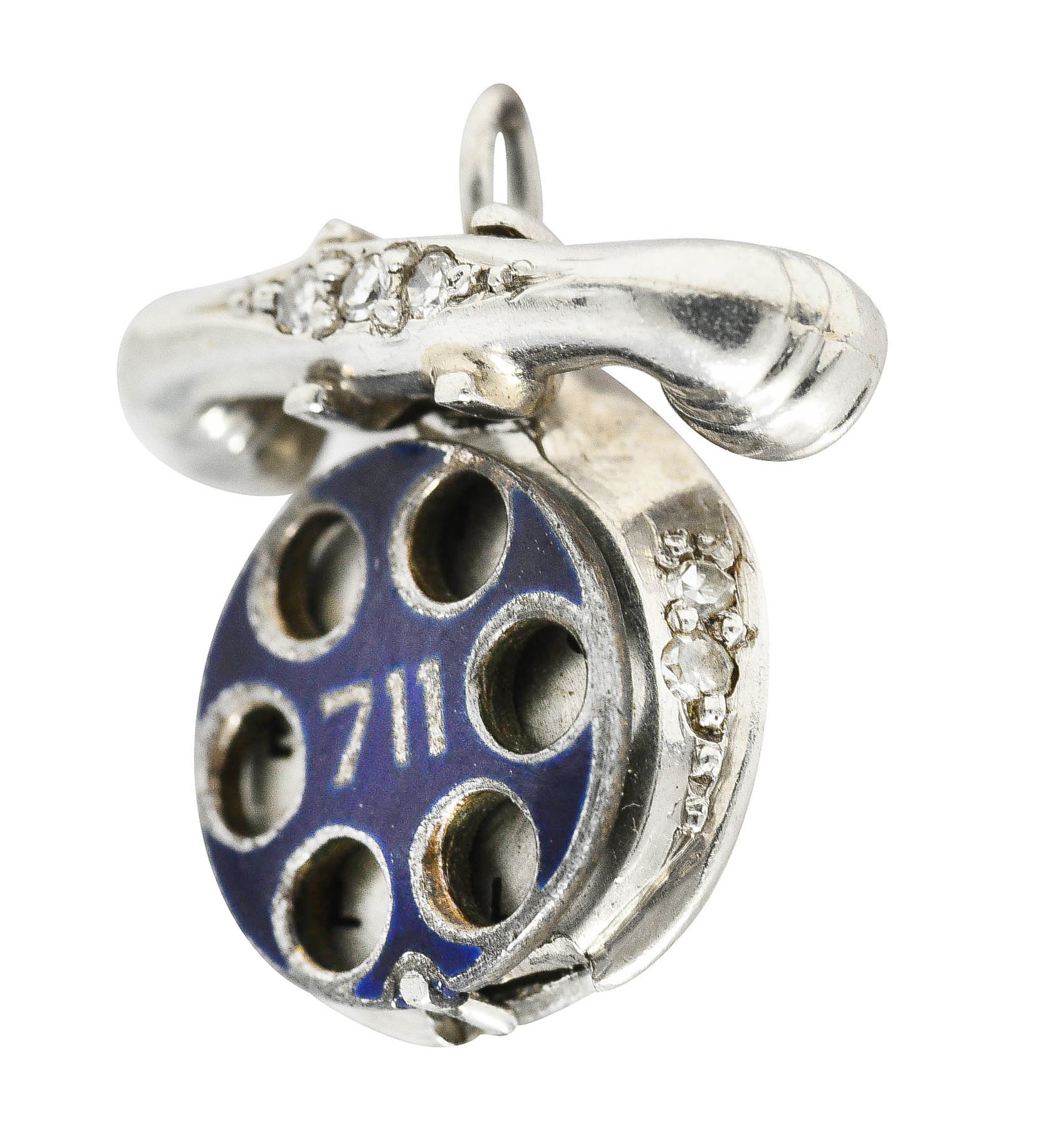 Art Deco Diamond Enamel Platinum HELLO I LOVE YOU Vintage Phone Charm Wilson's Estate Jewelry