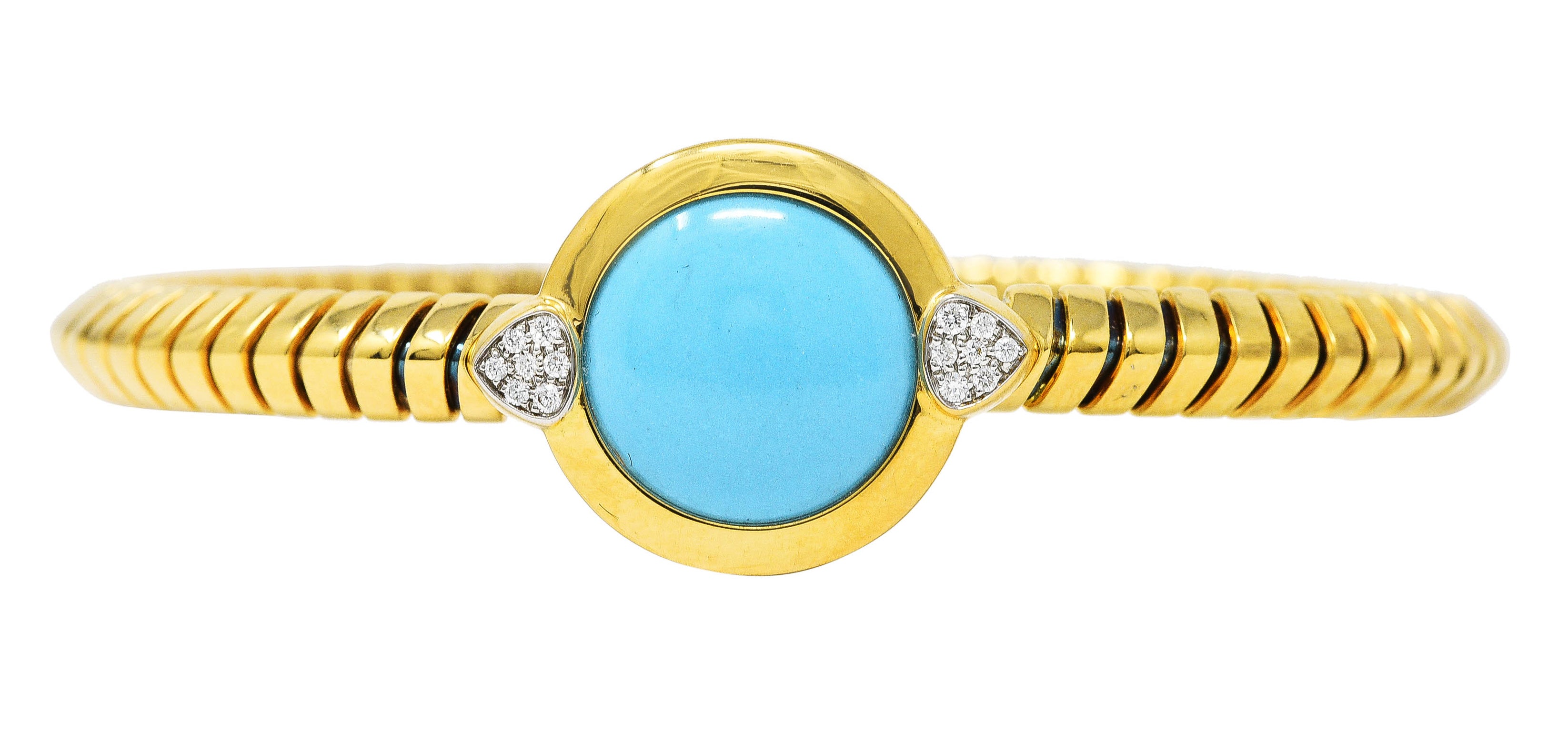 Marina B. Contemporary Diamond Turquoise Platinum 18 Karat Yellow Gold Soleil Vintage Tubogas Cuff Wilson's Estate Jewelry