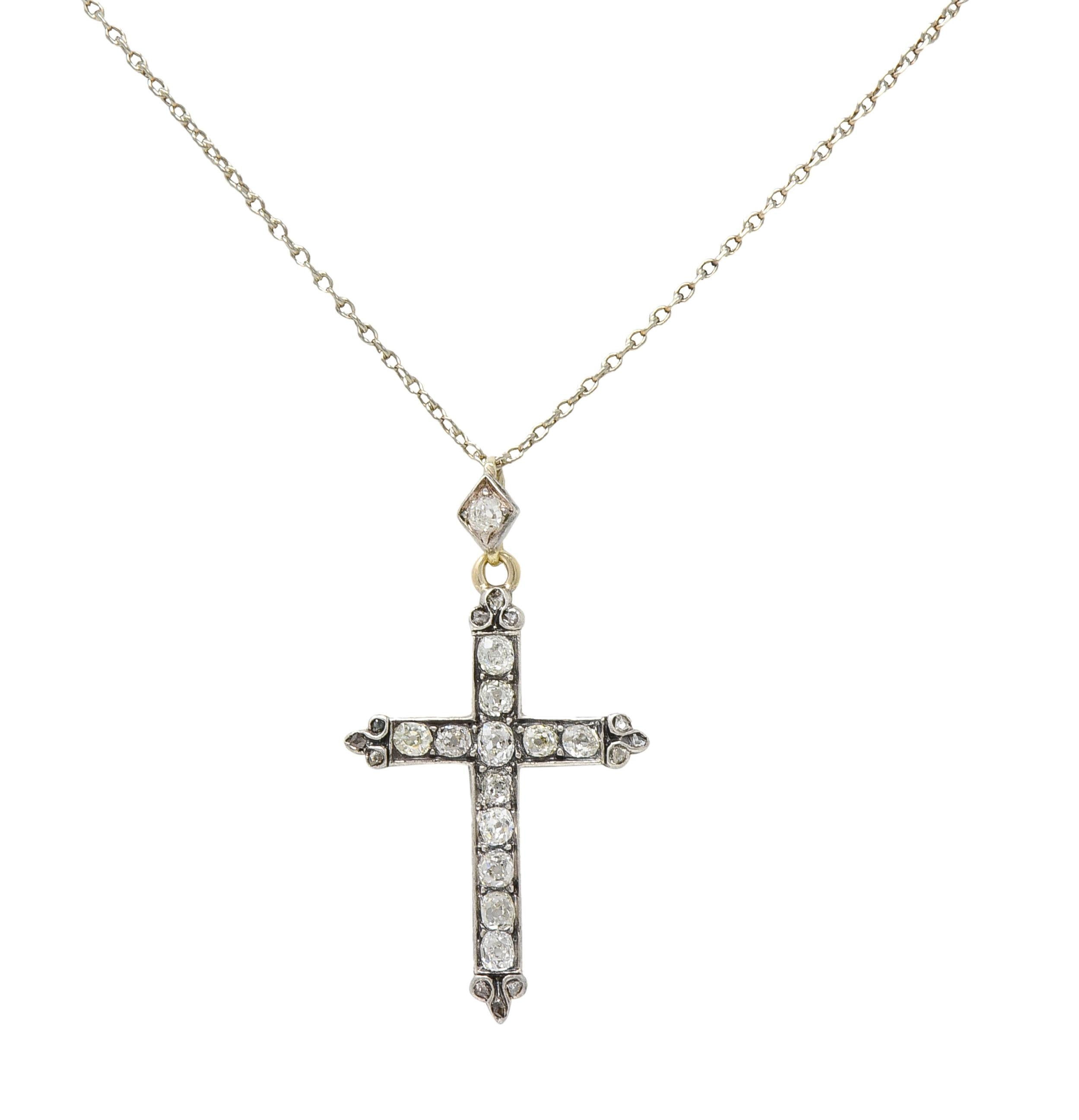 Victorian 0.95 CTW Old Mine Diamond Silver 14 Karat Gold Cross Pendant Necklace