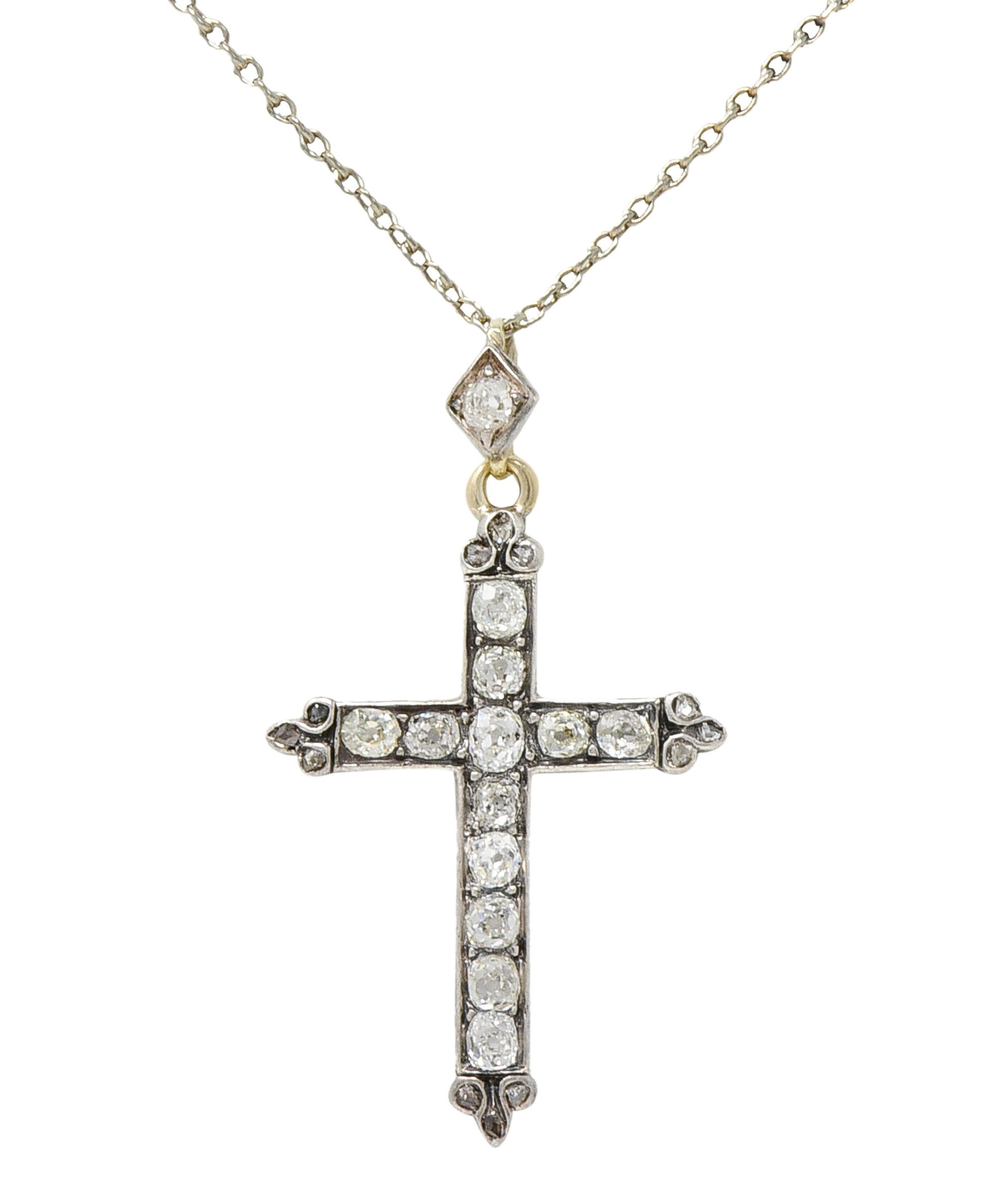 Victorian 0.95 CTW Old Mine Diamond Silver 14 Karat Gold Cross Pendant Necklace