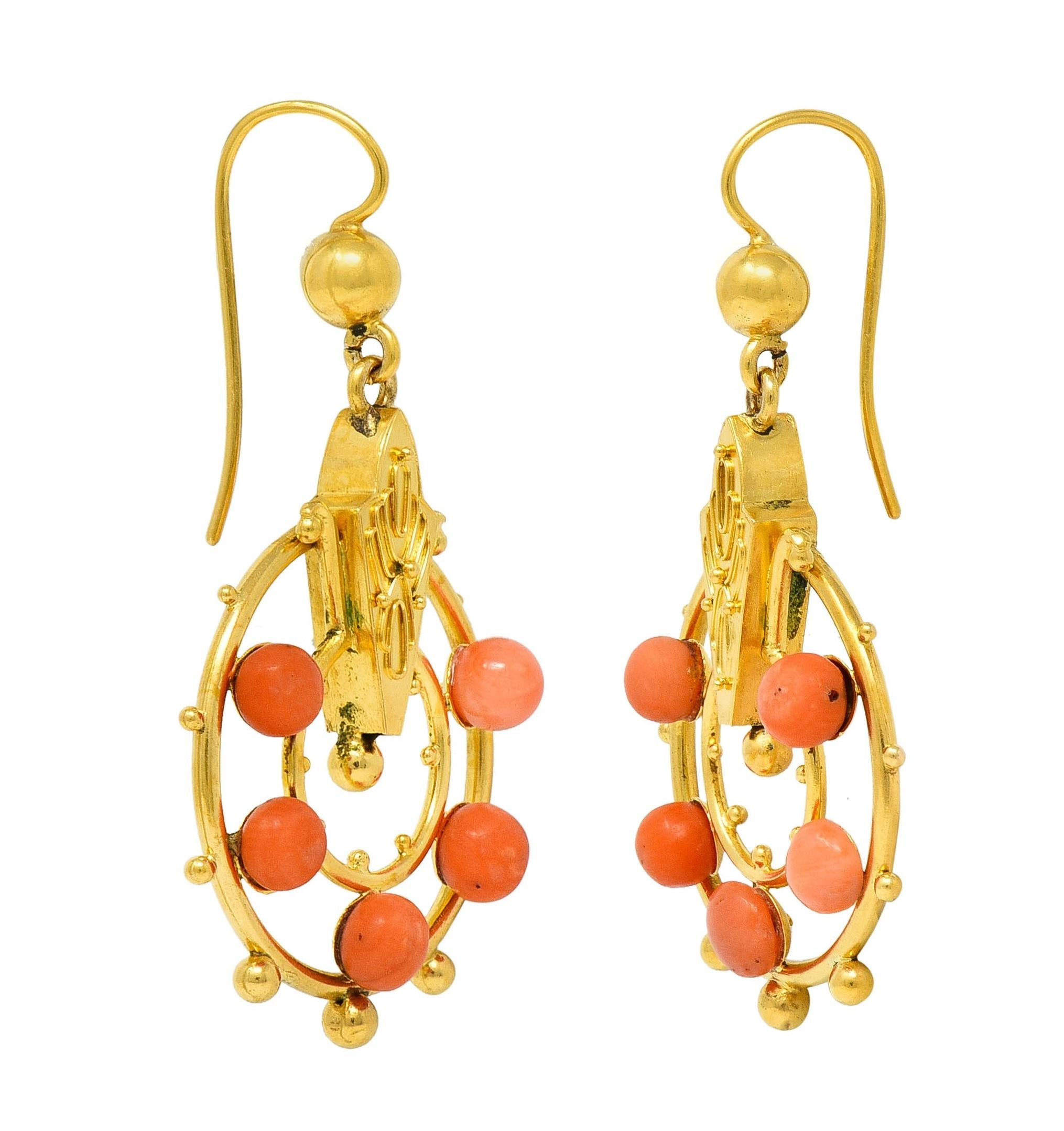 Victorian Etruscan Revival Coral 18 Karat Yellow Gold Antique Drop Earrings