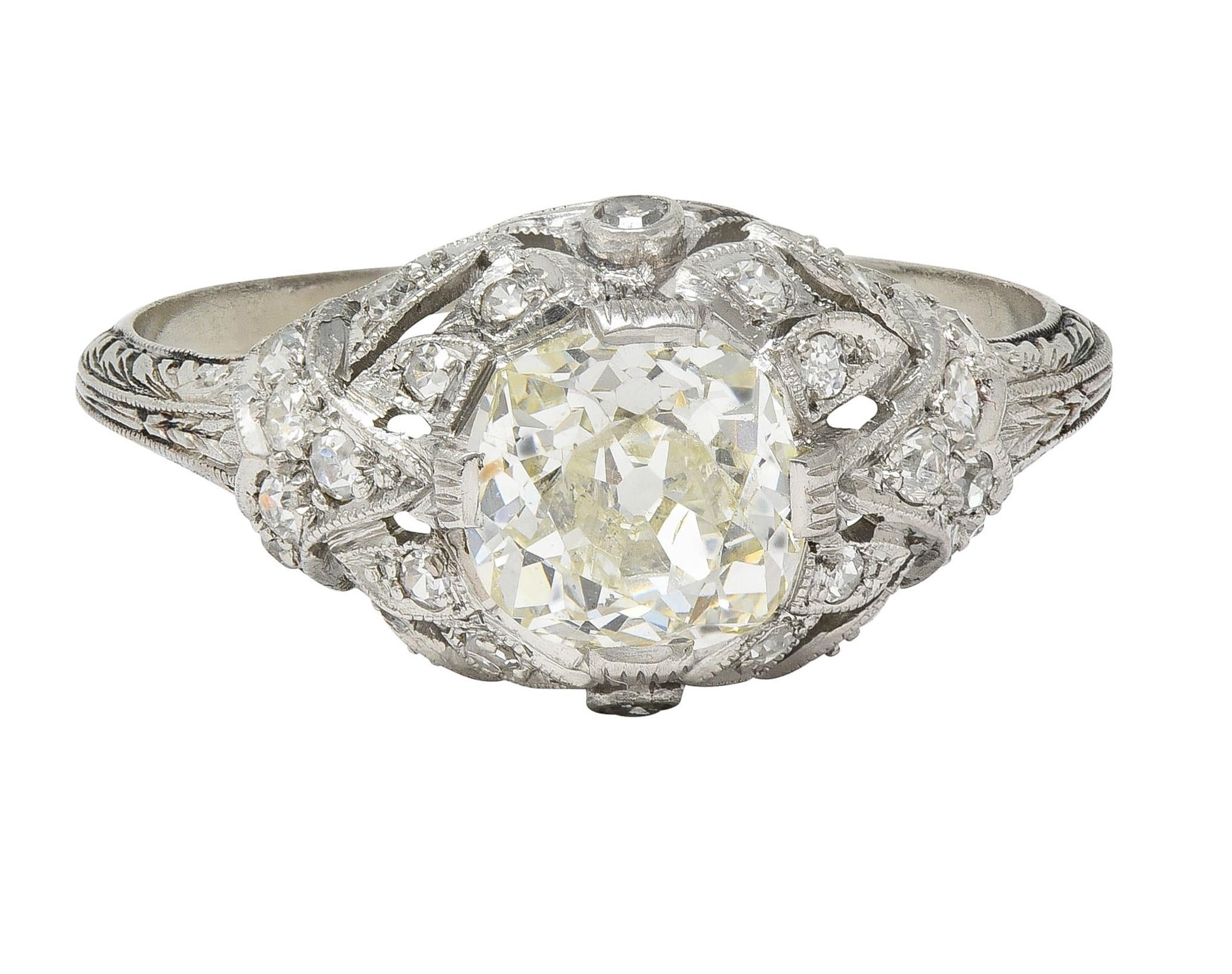 Art Deco 1.76 CTW Diamond Platinum Foliate Bombé Vintage Engagement Ring