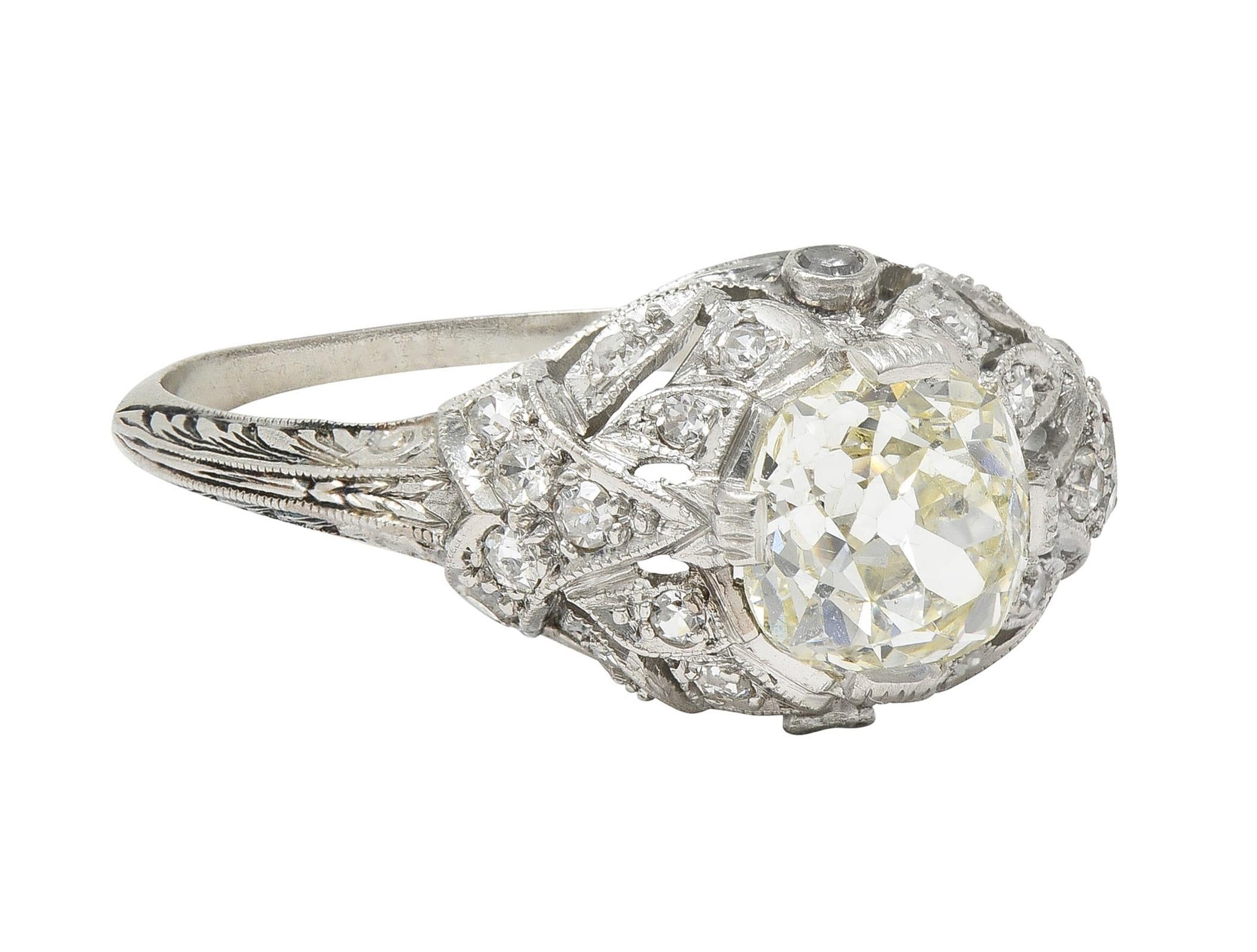 Art Deco 1.76 CTW Diamond Platinum Foliate Bombé Vintage Engagement Ring