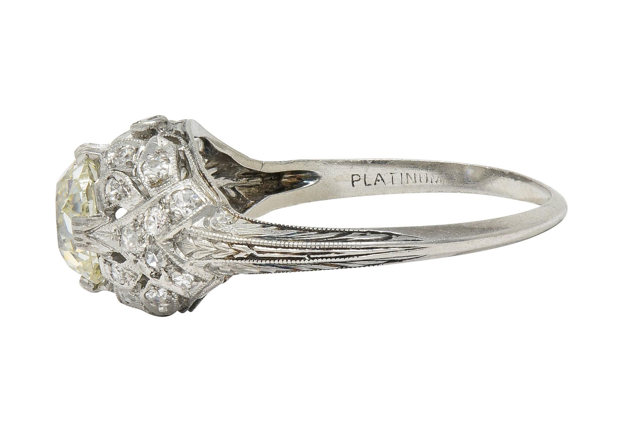 Art Deco 1.76 CTW Diamond Platinum Foliate Bombé Vintage Engagement Ring