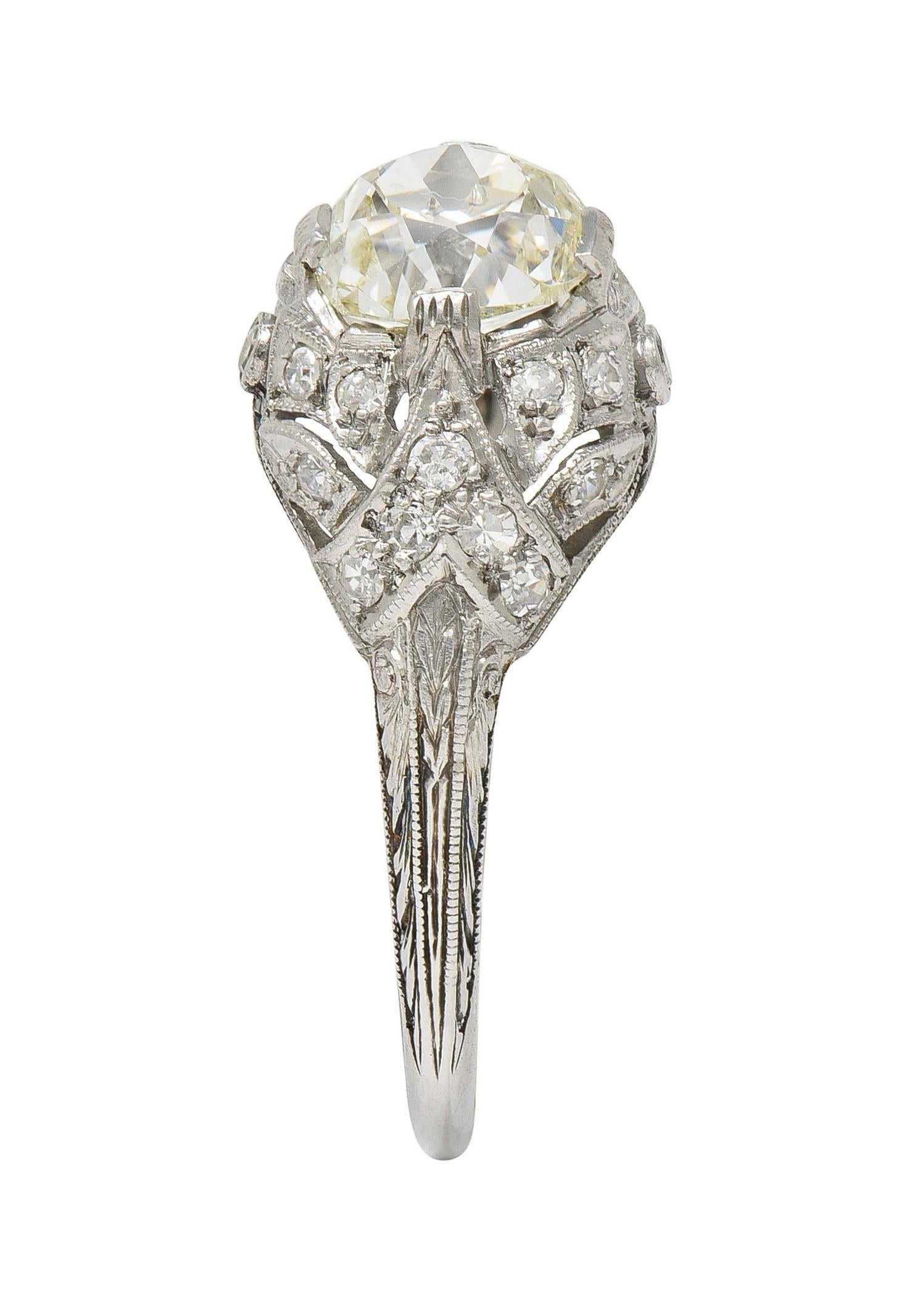 Art Deco 1.76 CTW Diamond Platinum Foliate Bombé Vintage Engagement Ring