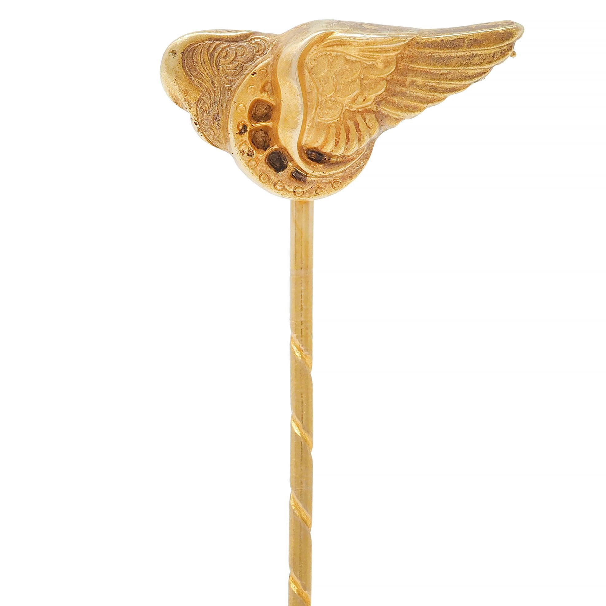 Victorian 14 Karat Yellow Gold Greek Winged Wheel Of Hermes Antique Stickpin