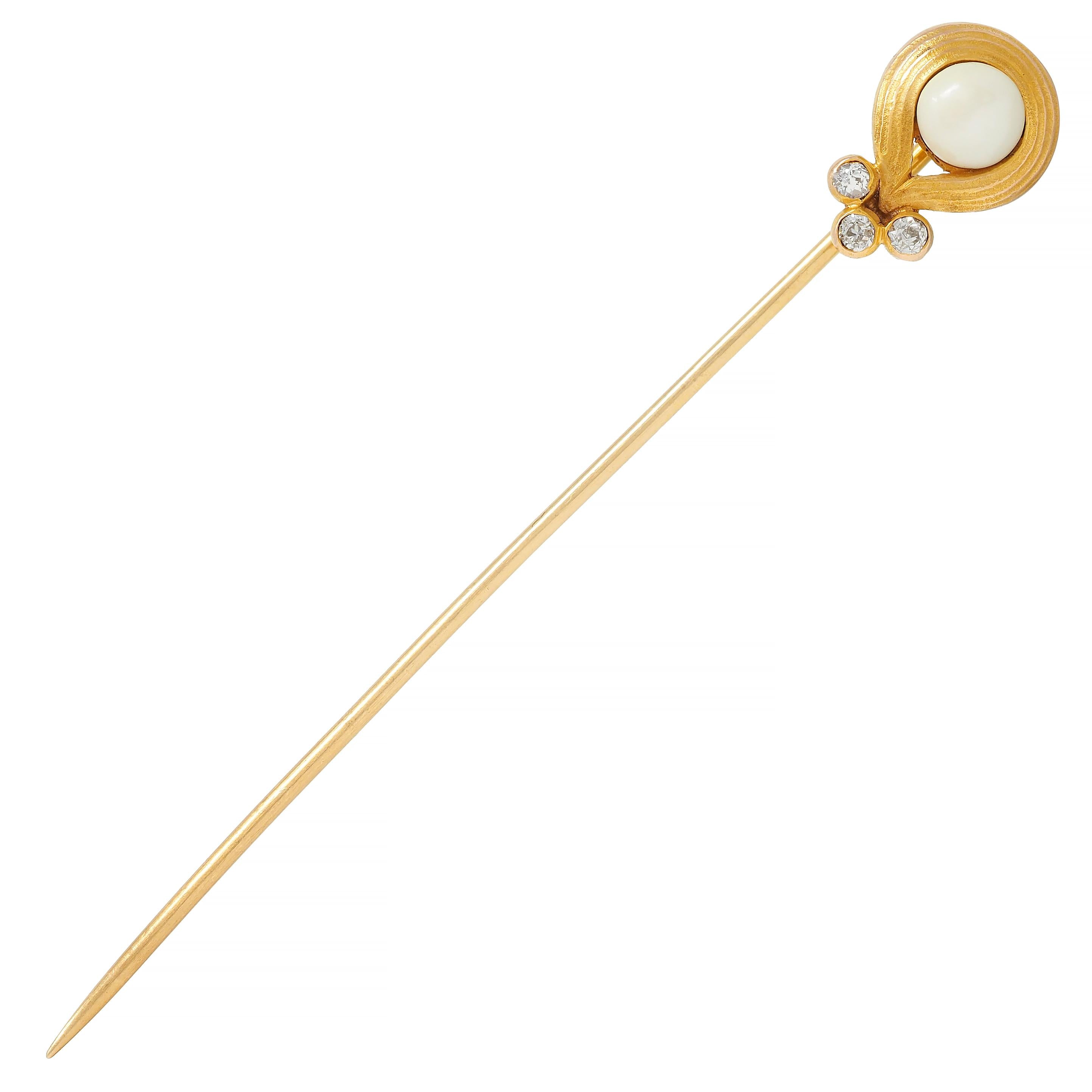 Art Nouveau Pearl Diamond 14 Karat Yellow Gold Antique Swirl Stickpin