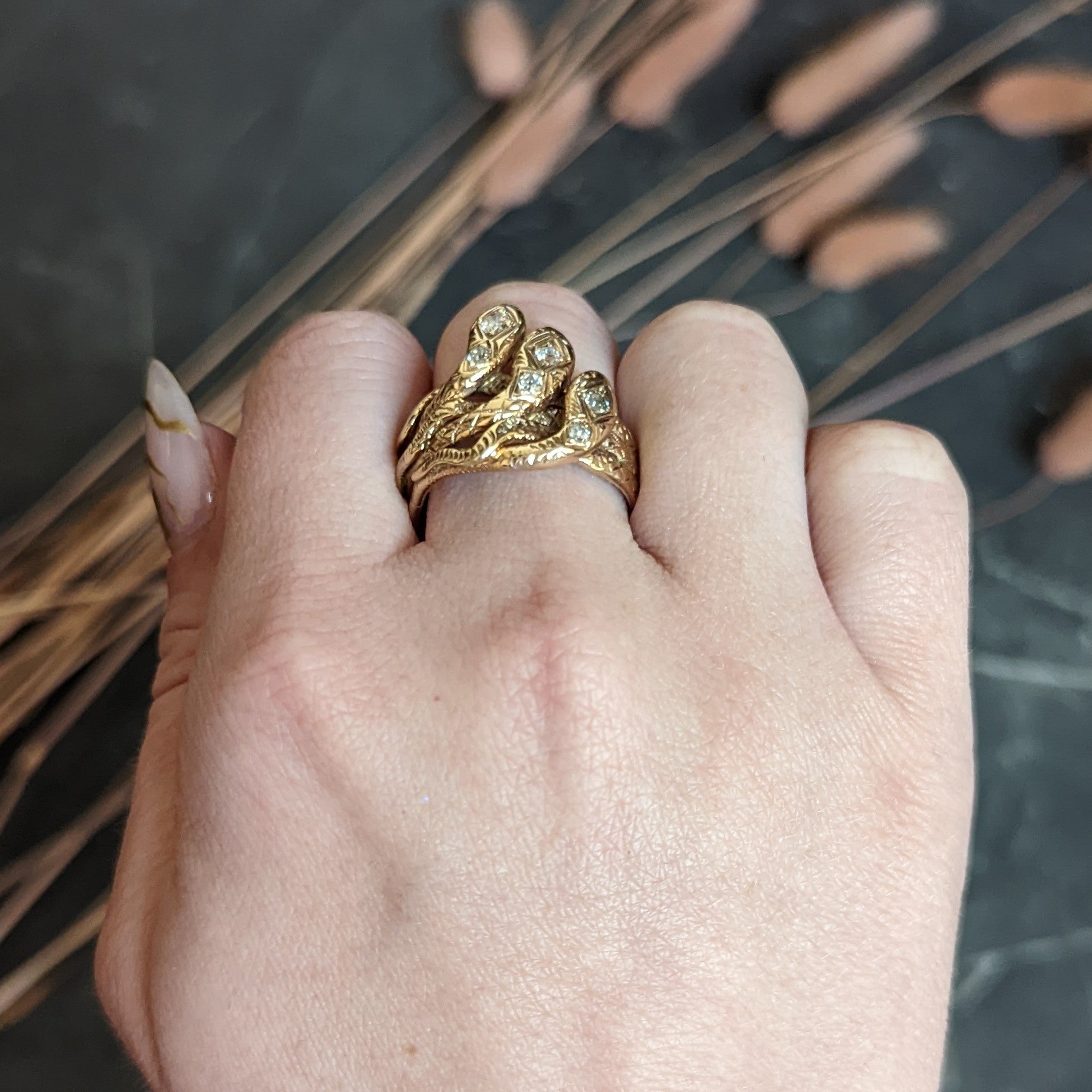 Late Victorian Diamond 10 Karat Rose Gold Snake Unisex Ring Wilson's Antique & Estate Jewelry