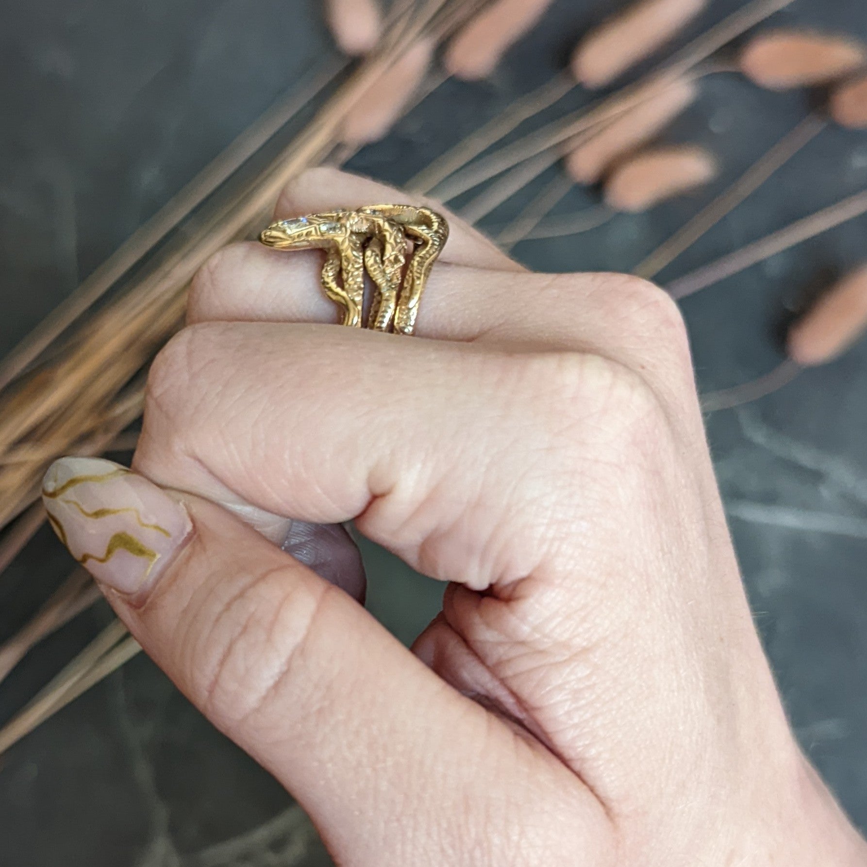 Late Victorian Diamond 10 Karat Rose Gold Snake Unisex Ring Wilson's Antique & Estate Jewelry