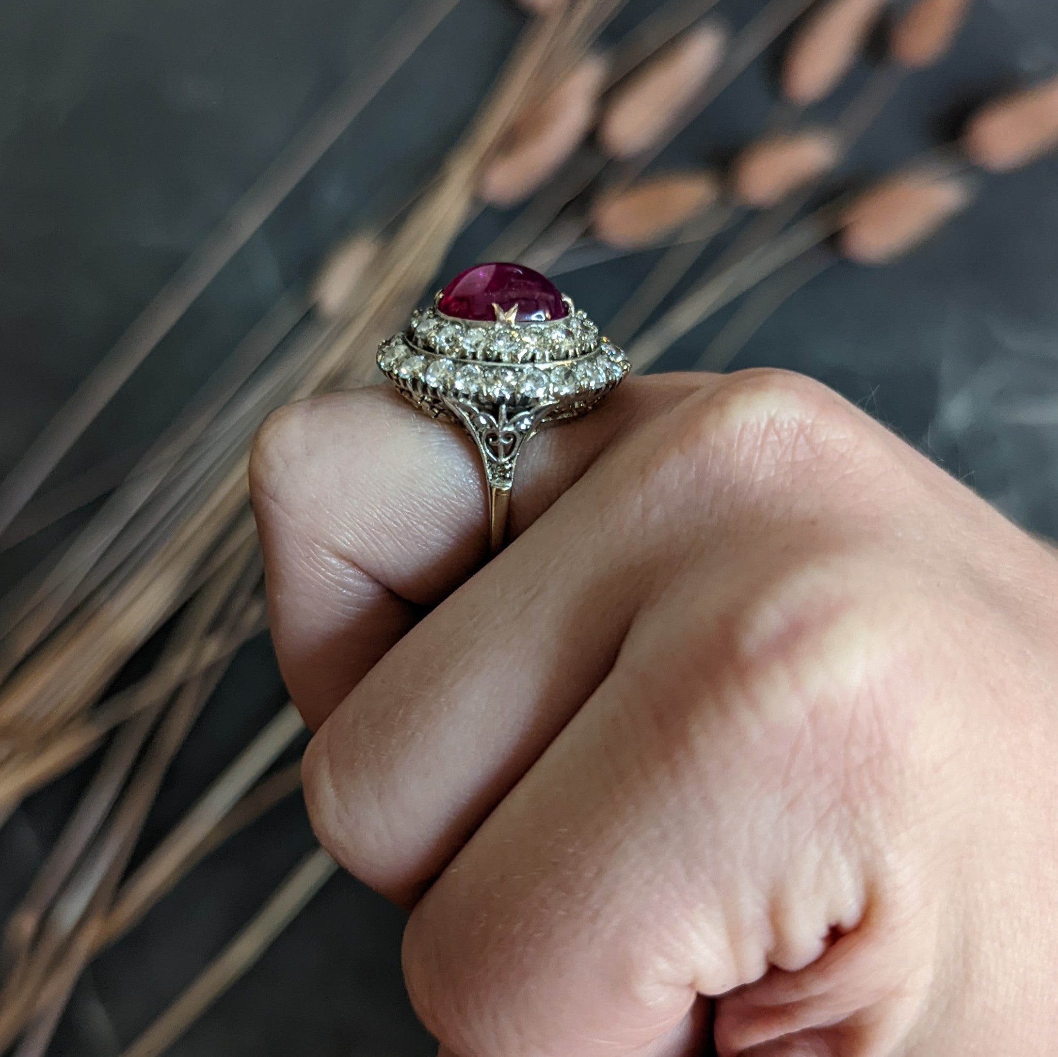 Vintage 10.55 CTW No Heat Burma Ruby Cabochon Diamond Silver-Topped 14 Karat Gold Cluster Ring GIA Wilson's Antique & Estate Jewelry