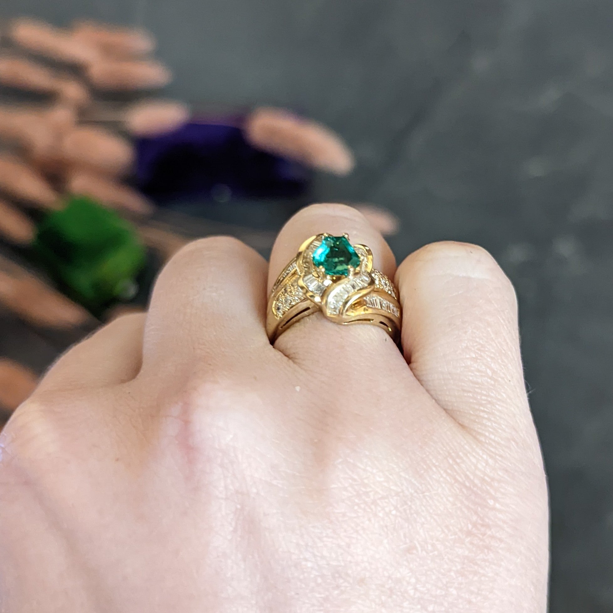 1980's Vintage 2.09 CTW Colombian Emerald Diamond 18 Karat Yellow Gold Knot Ring GIA Wilson's Antique & Estate Jewelry