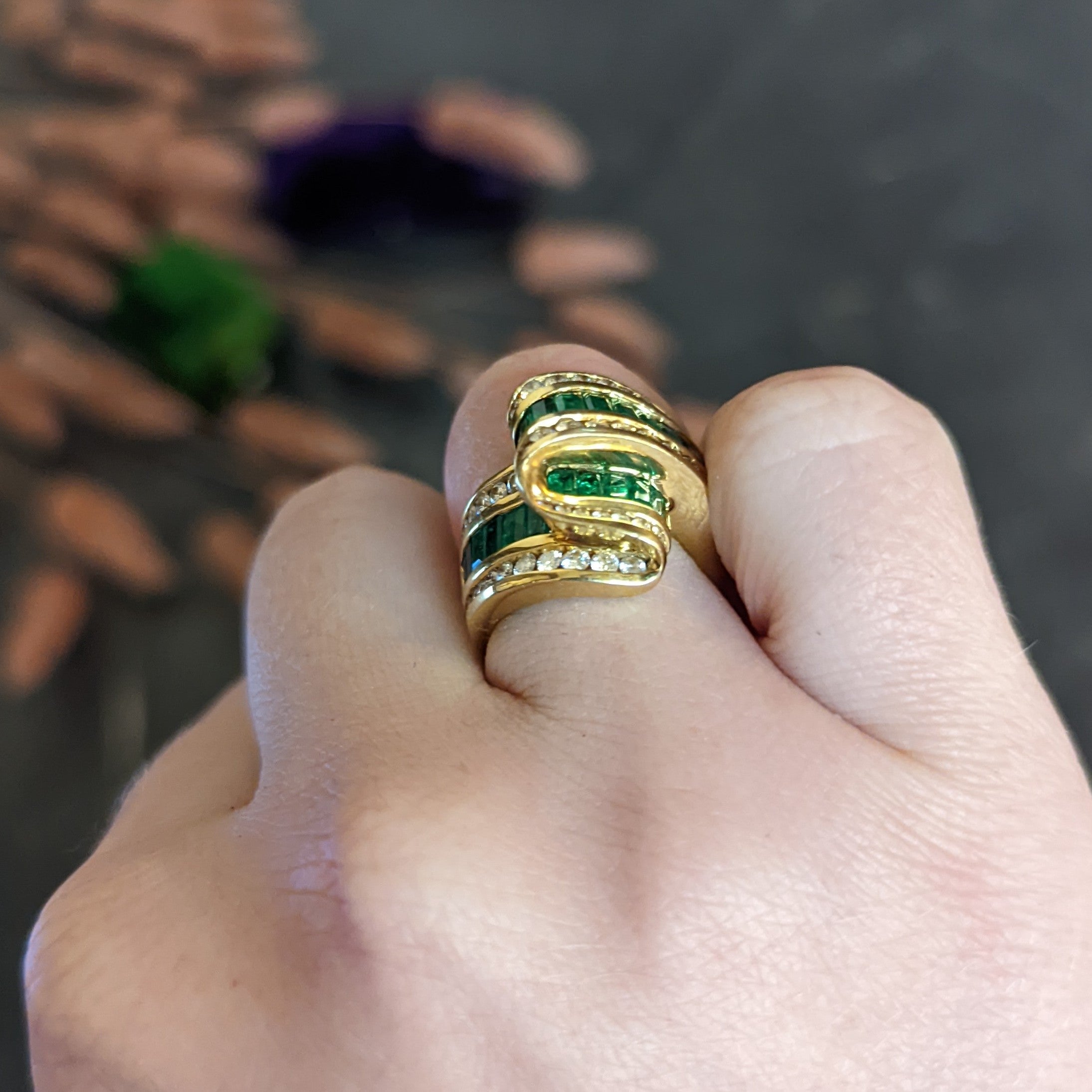 Charles Krypell 4.00 CTW Emerald Diamond 18 Karat Gold Ribbon Ring Wilson's Antique & Estate Jewelry