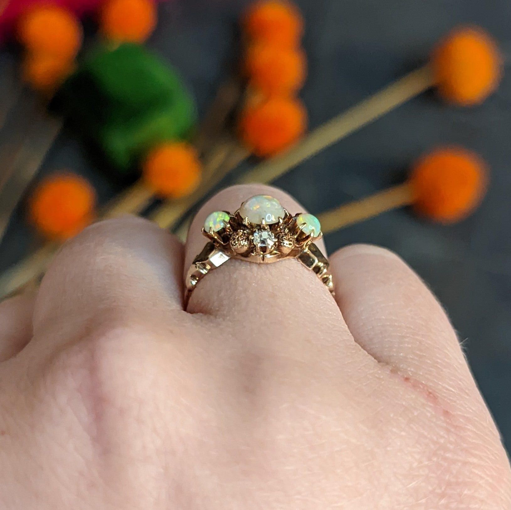 Dattelbaum and Friedman Victorian Diamond Opal 14 Karat Rose Gold Cluster Ring Wilson's Estate Jewelry