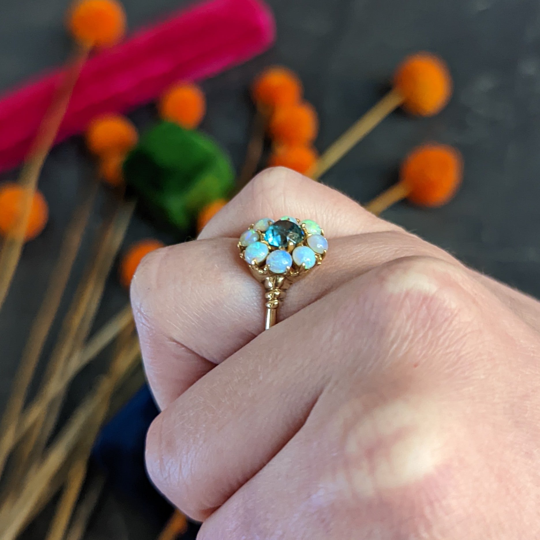 Retro Blue Zircon Opal 14 Karat Gold Cluster Ring Wilson's Estate Jewelry