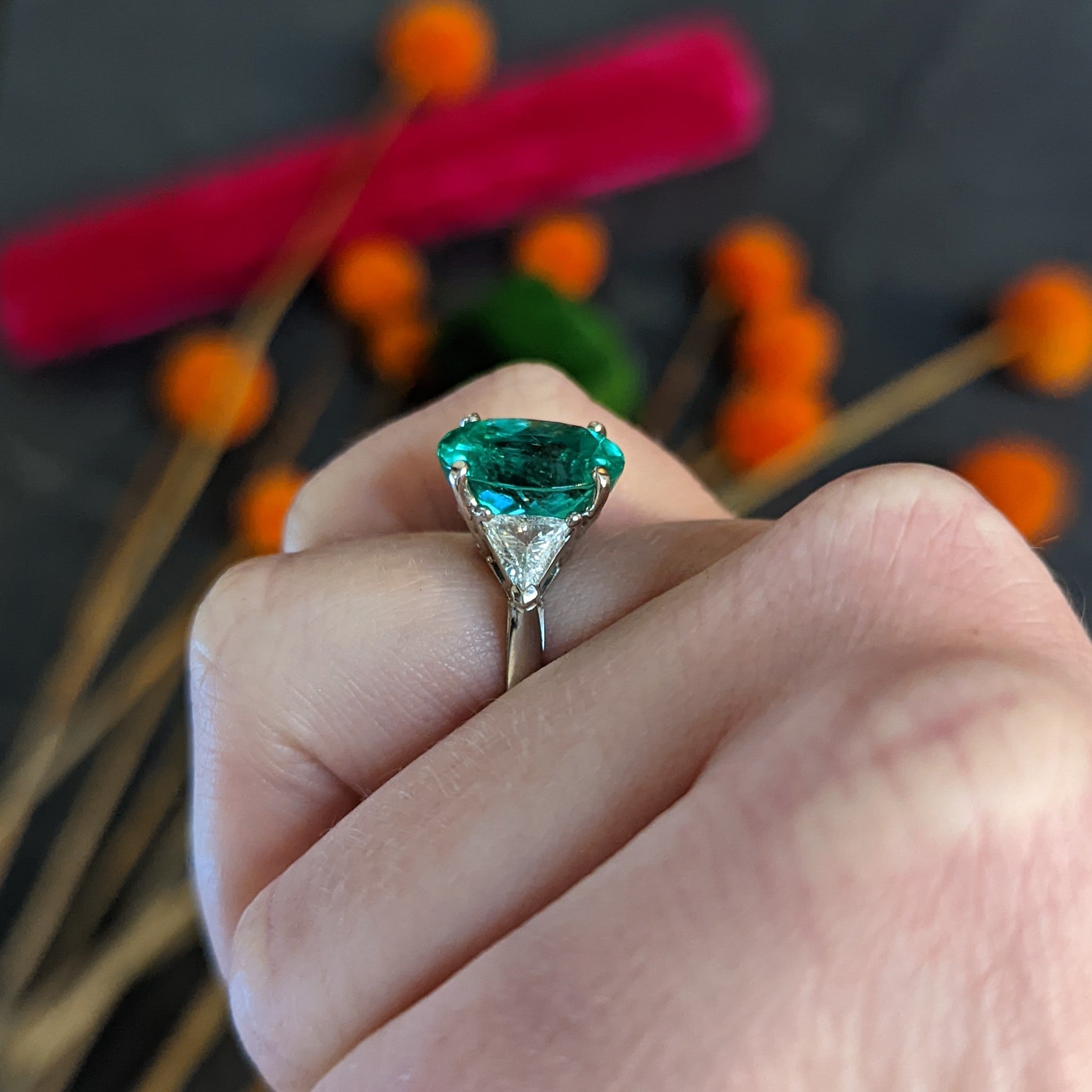 Mid-Century 6.70 CTW Colombian Emerald Diamond 14 Karat White Gold Cocktail Ring Wilson's Estate Jewelry