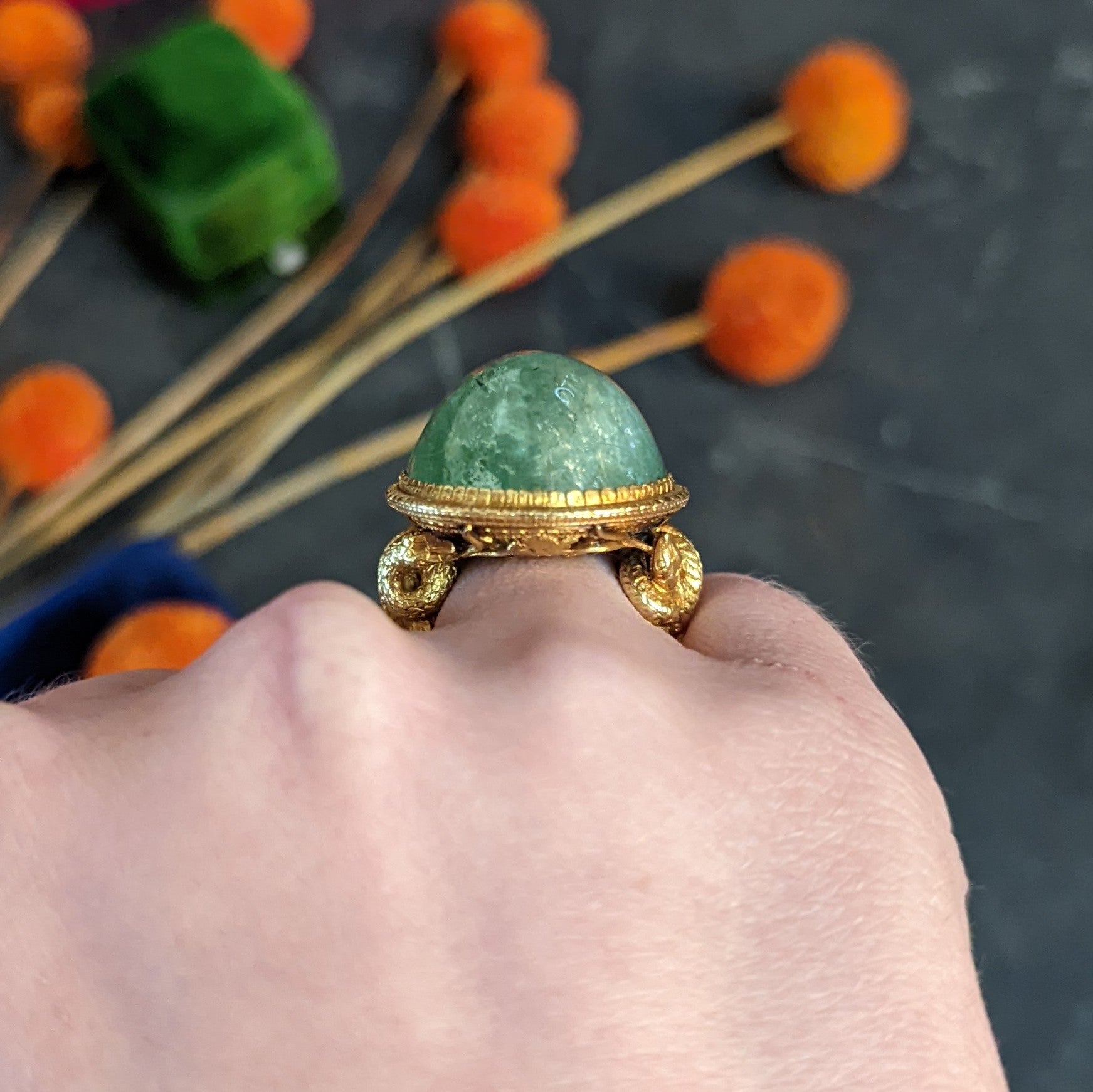 Substantial Emerald 22 Karat Gold Snake Gemstone Ring Wilson's Estate Jewelry