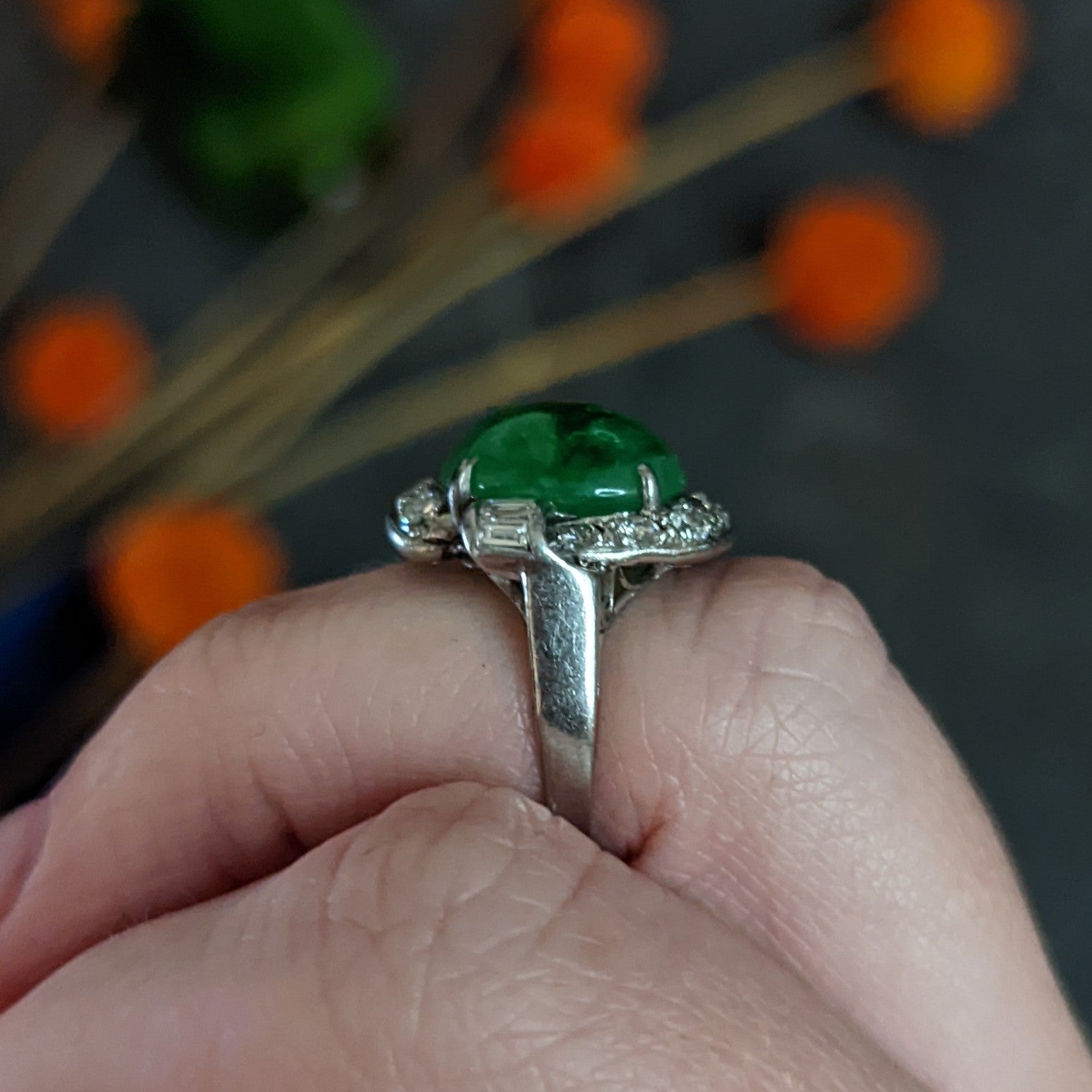 Mid-Century Jadeite Jade Diamond Platinum Bypass Ring GIA Wilson's Estate Jewelry