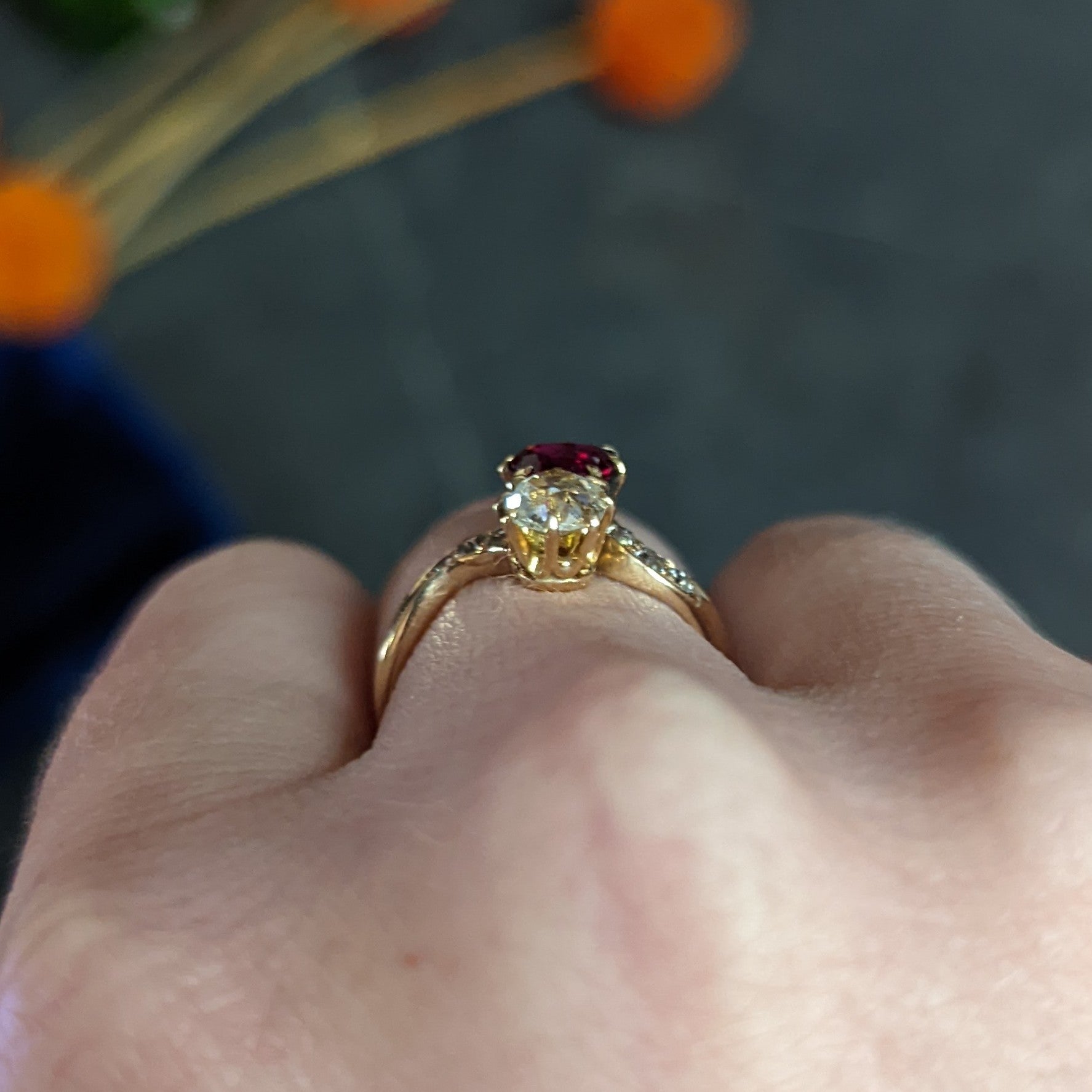 1900 Victorian 1.30 CTW Ruby Diamond 14 Karat Gold Toi Et Moi Ring Wilson's Estate Jewelry