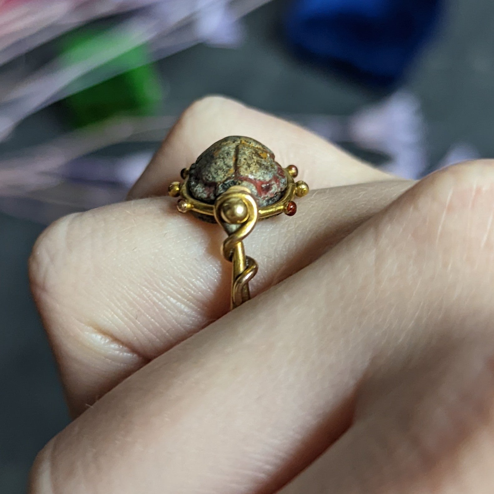 Tiffany & Co. Hardstone Scarab Antique 18 Karat Gold Egyptian Revival Ring Wilson's Estate Jewelry