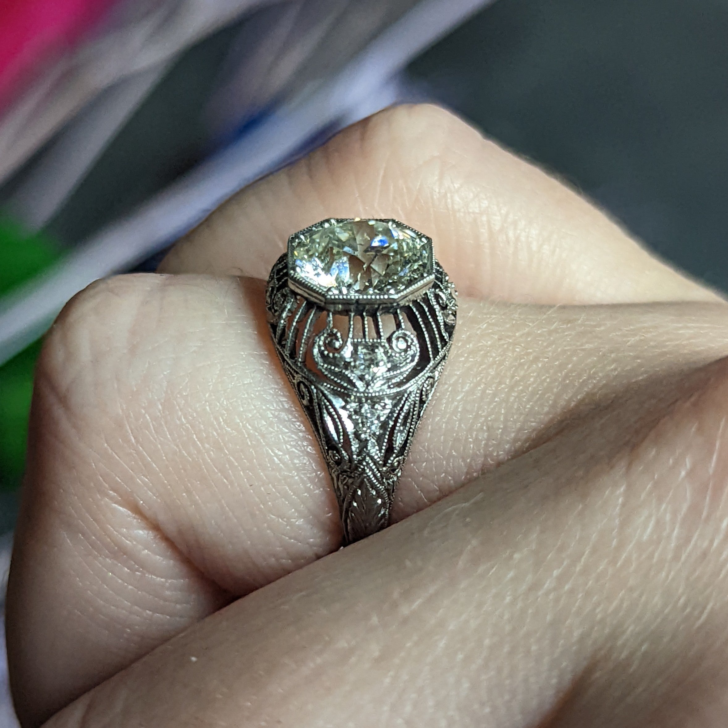 Antique Edwardian 2.45 Carats Old European Diamond Platinum Bombe Engagement Ring Wilson's Estate Jewelry