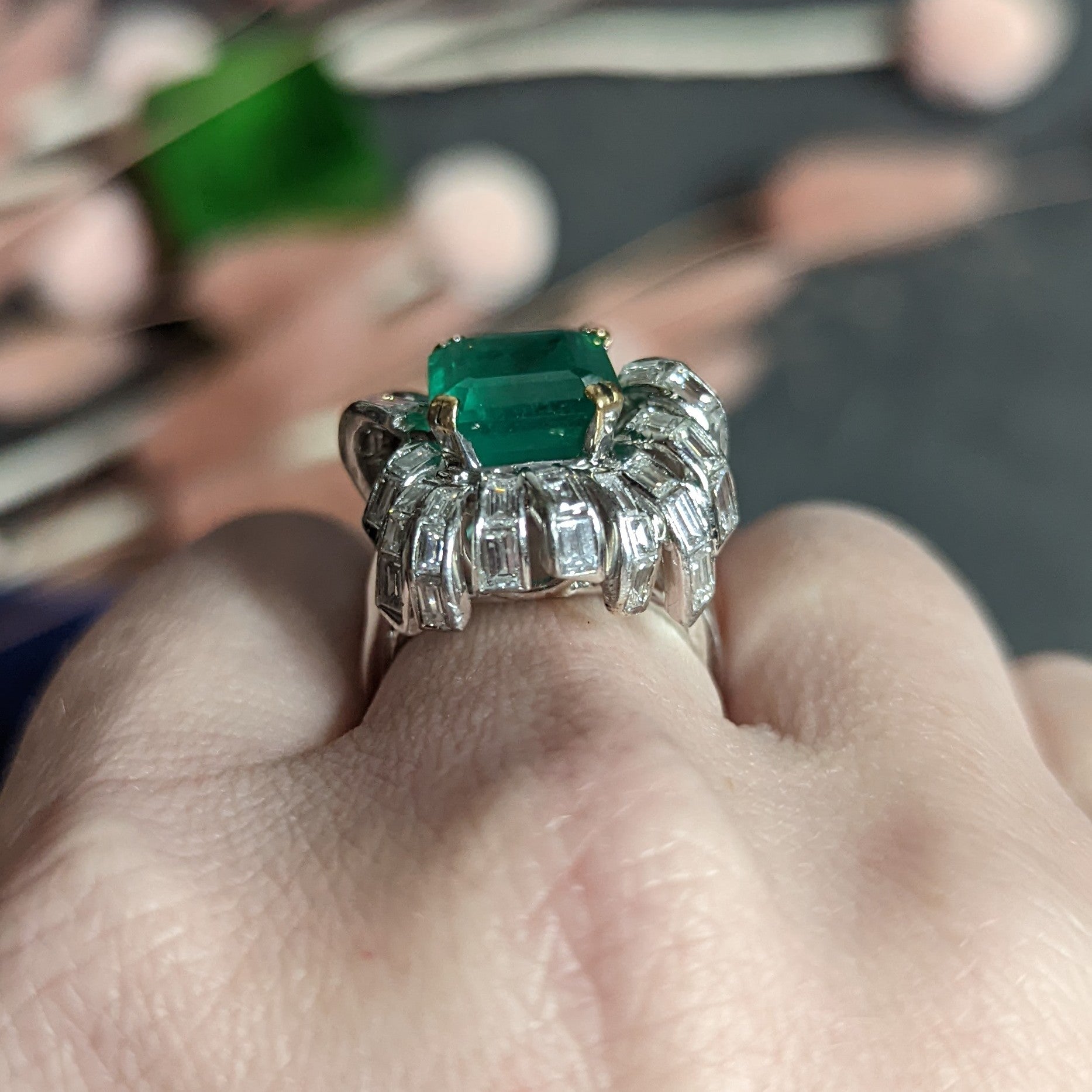 French 1950's Mid-Century 11.65 CTW Emerald Diamond Platinum 18 Karat Gold Cocktail Ring Wilson's Estate Jewelry