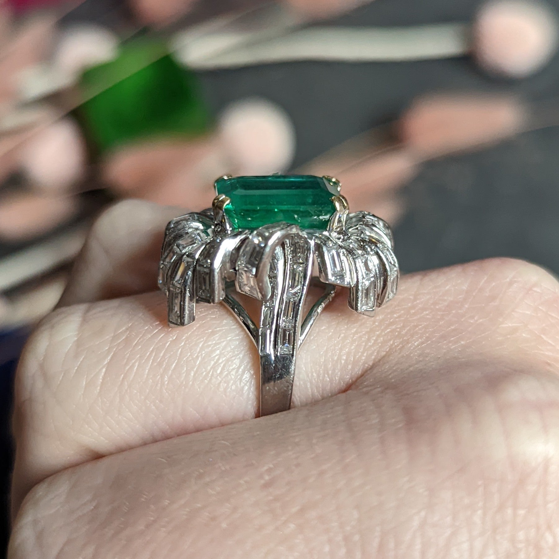 French 1950's Mid-Century 11.65 CTW Emerald Diamond Platinum 18 Karat Gold Cocktail Ring Wilson's Estate Jewelry