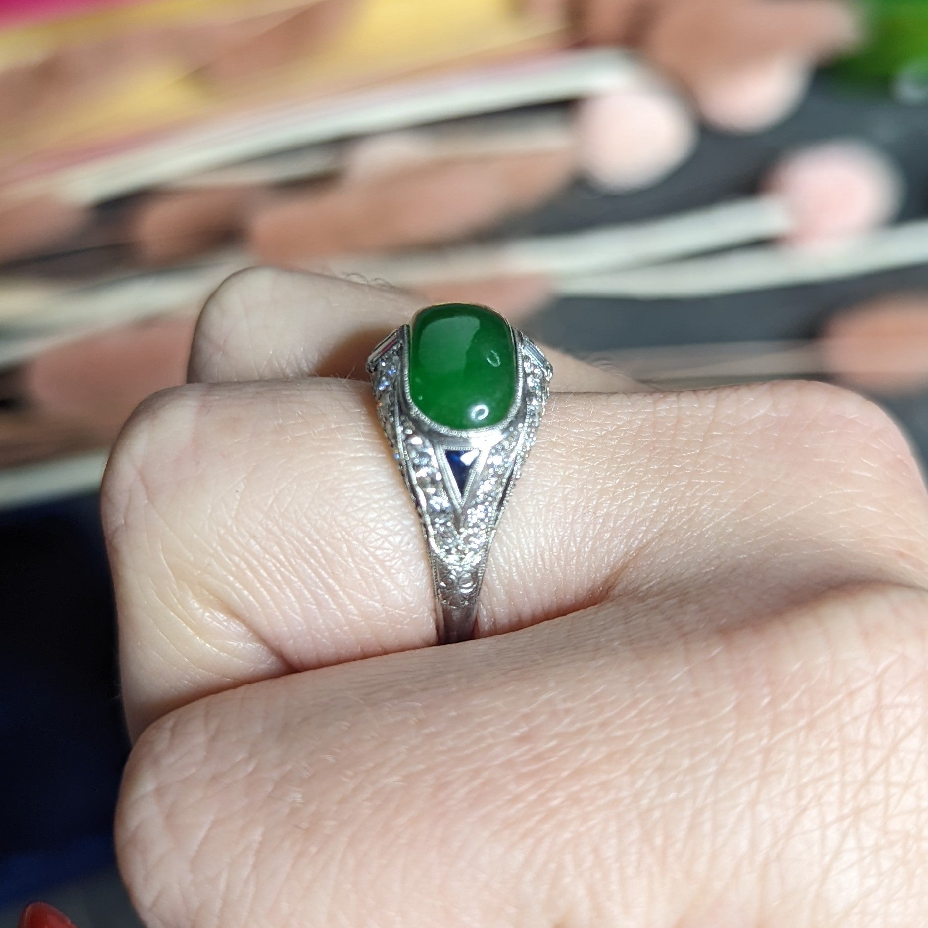 1930's Art Deco Jadeite Jade Sapphire Diamond Platinum Band Ring GIA Wilson's Estate Jewelry