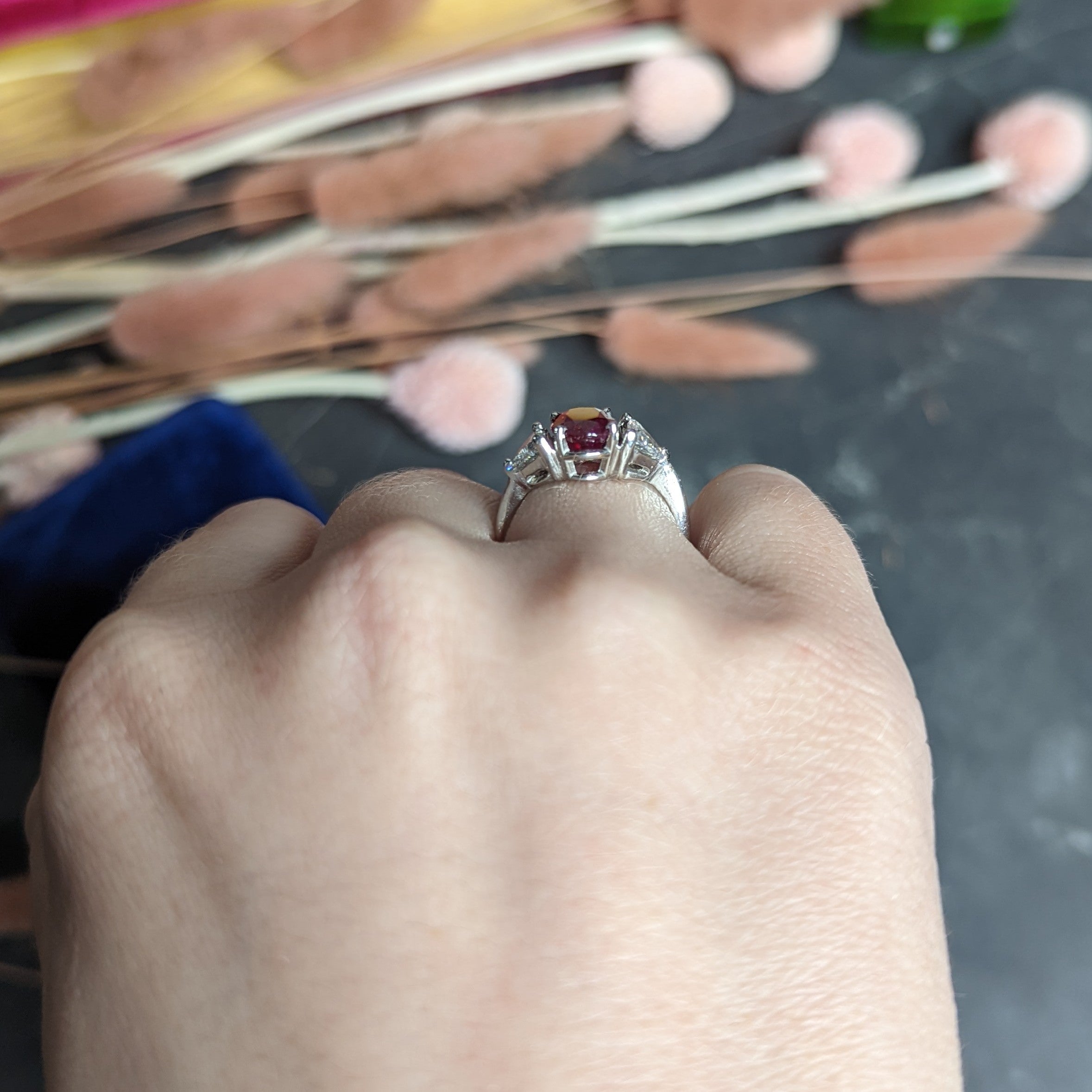 Vintage 2.65 CTW Burma Ruby Diamond Platinum Three Stone Ring GIA Wilson's Estate Jewelry