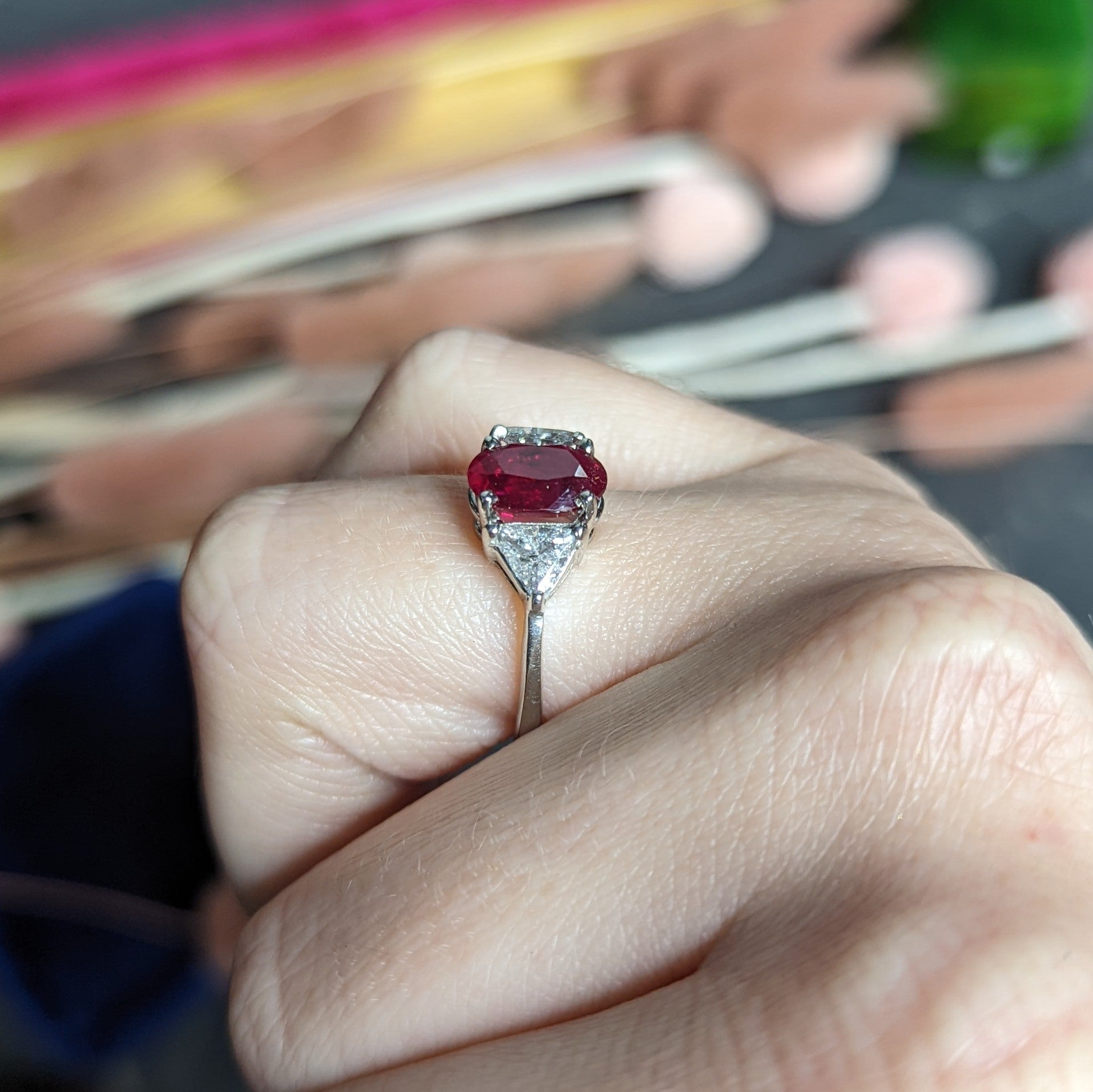 Vintage 2.65 CTW Burma Ruby Diamond Platinum Three Stone Ring GIA Wilson's Estate Jewelry