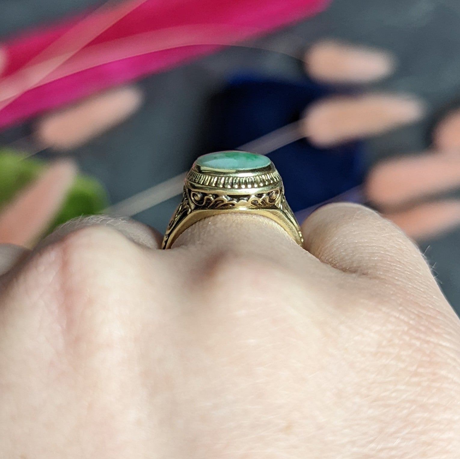 Art Deco Jade 14 Karat Yellow Gold Scrolling Iris Ring Wilson's Estate Jewelry
