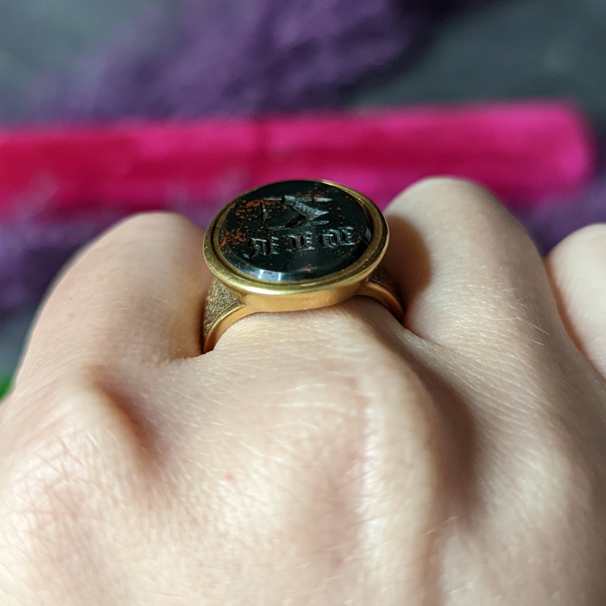 Victorian Bloodstone 18 Karat Gold Intaglio Monogram Signet Unisex Ring Wilson's Estate Jewelry