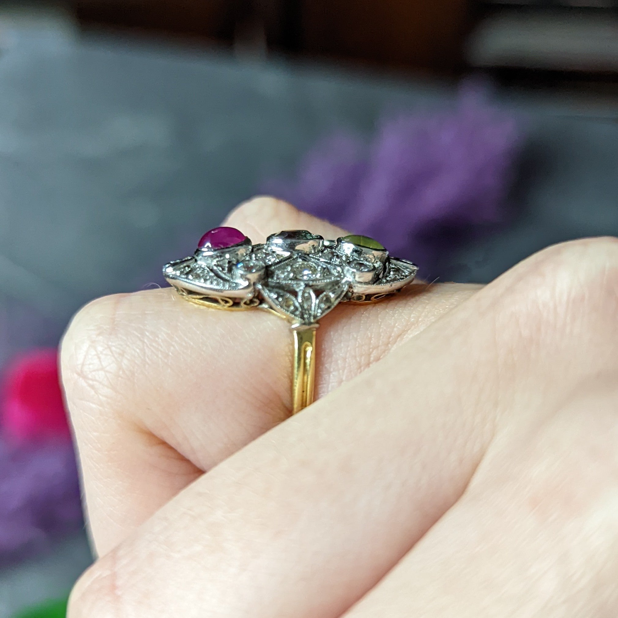 Edwardian Cat's Eye Chrysoberyl Star Ruby Alexandrite Diamond Platinum-Topped 20 Karat Gold Dinner Ring Wilson's Estate Jewelry