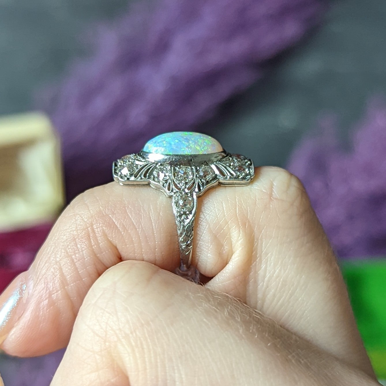 Edwardian Opal Cabochon Diamond Platinum Gemstone Dinner Ring Wilson's Estate Jewelry