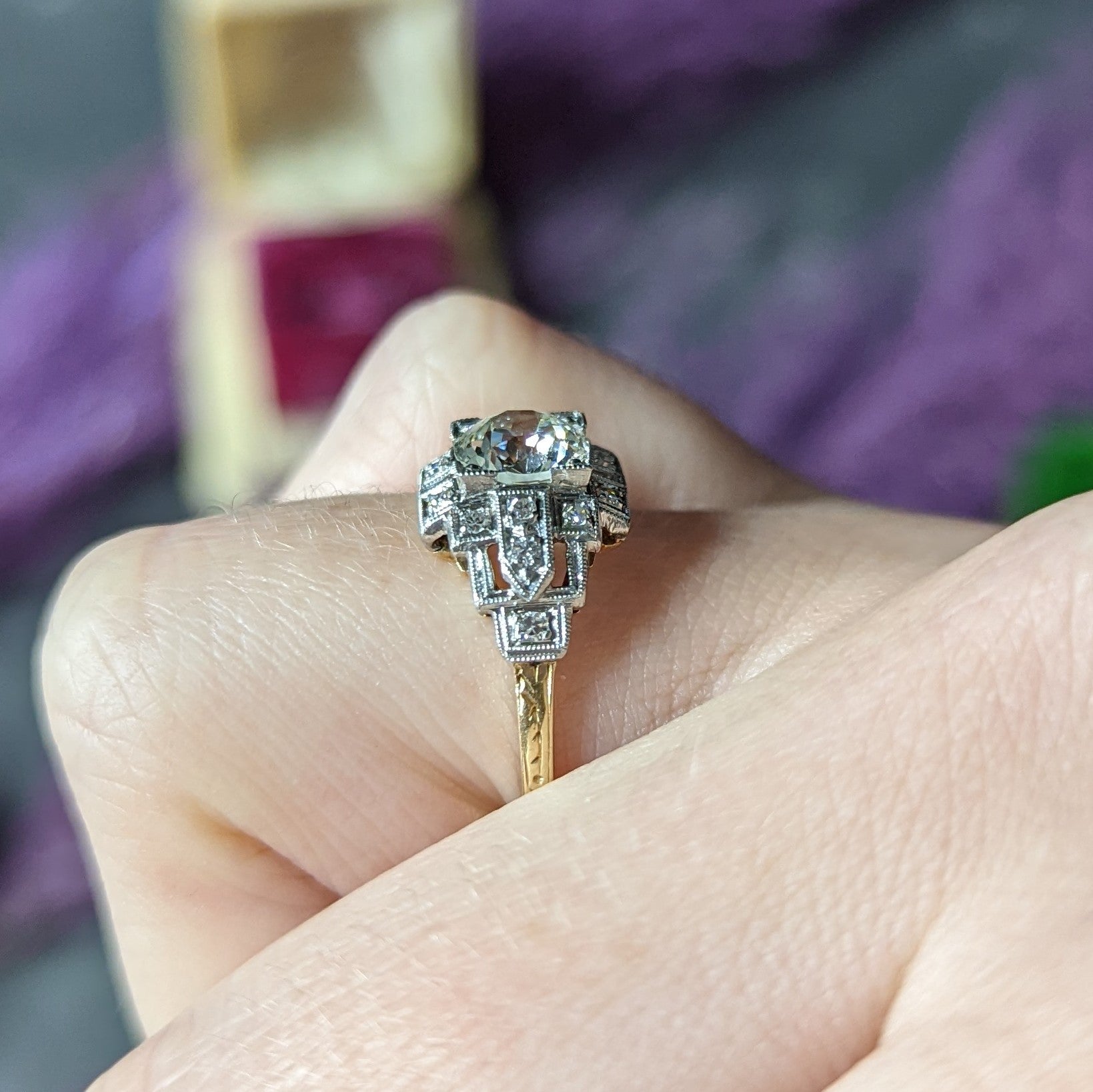 Art Deco 1.24 CTW Diamond Platinum 14 Karat Yellow Gold Engagement Ring Wilson's Estate Jewelry