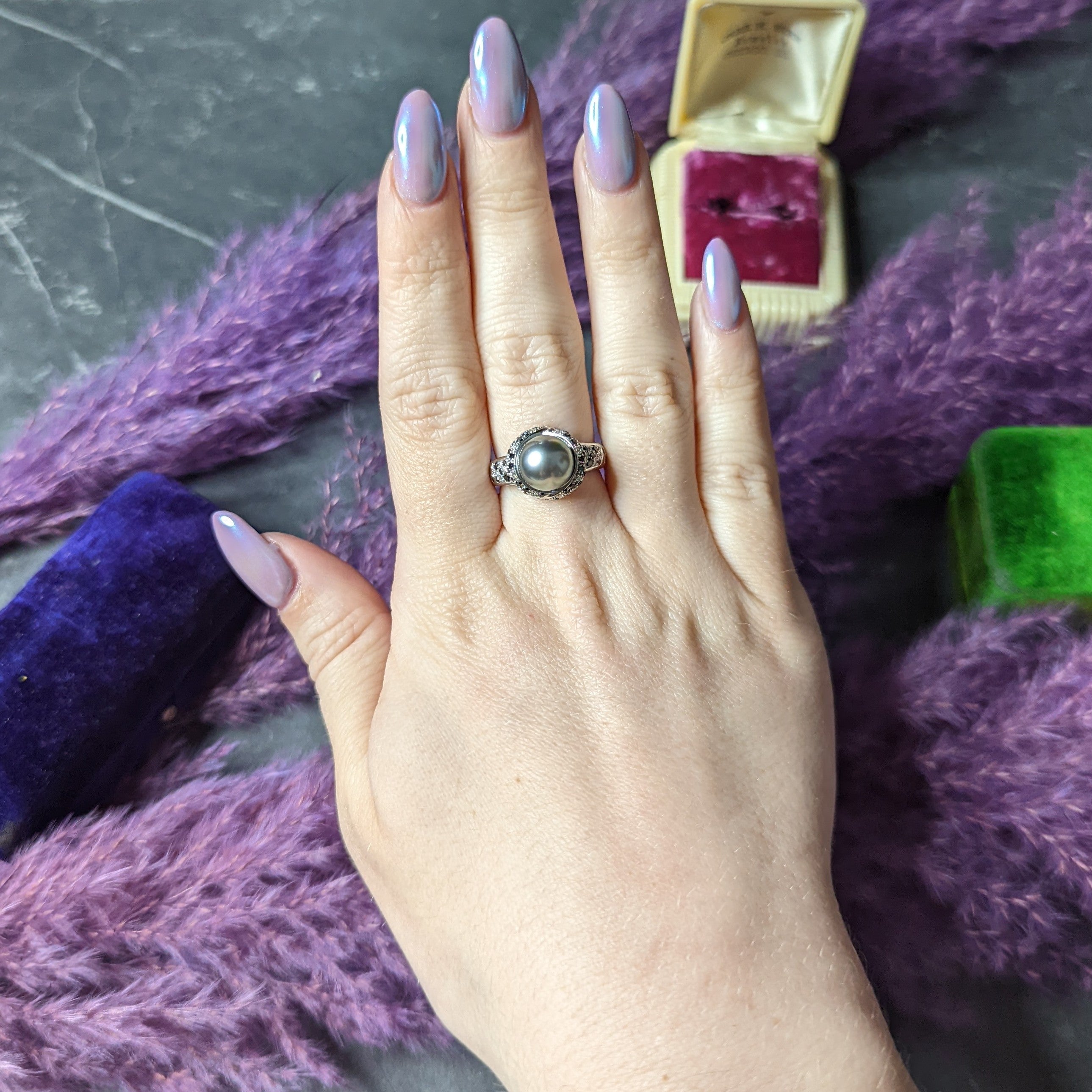 Mauboussin Paris Tahitian Pearl Diamond & Black Diamond 18 Karat White Gold Perle Caviar Mon Amour Ring Wilson's Estate Jewelry
