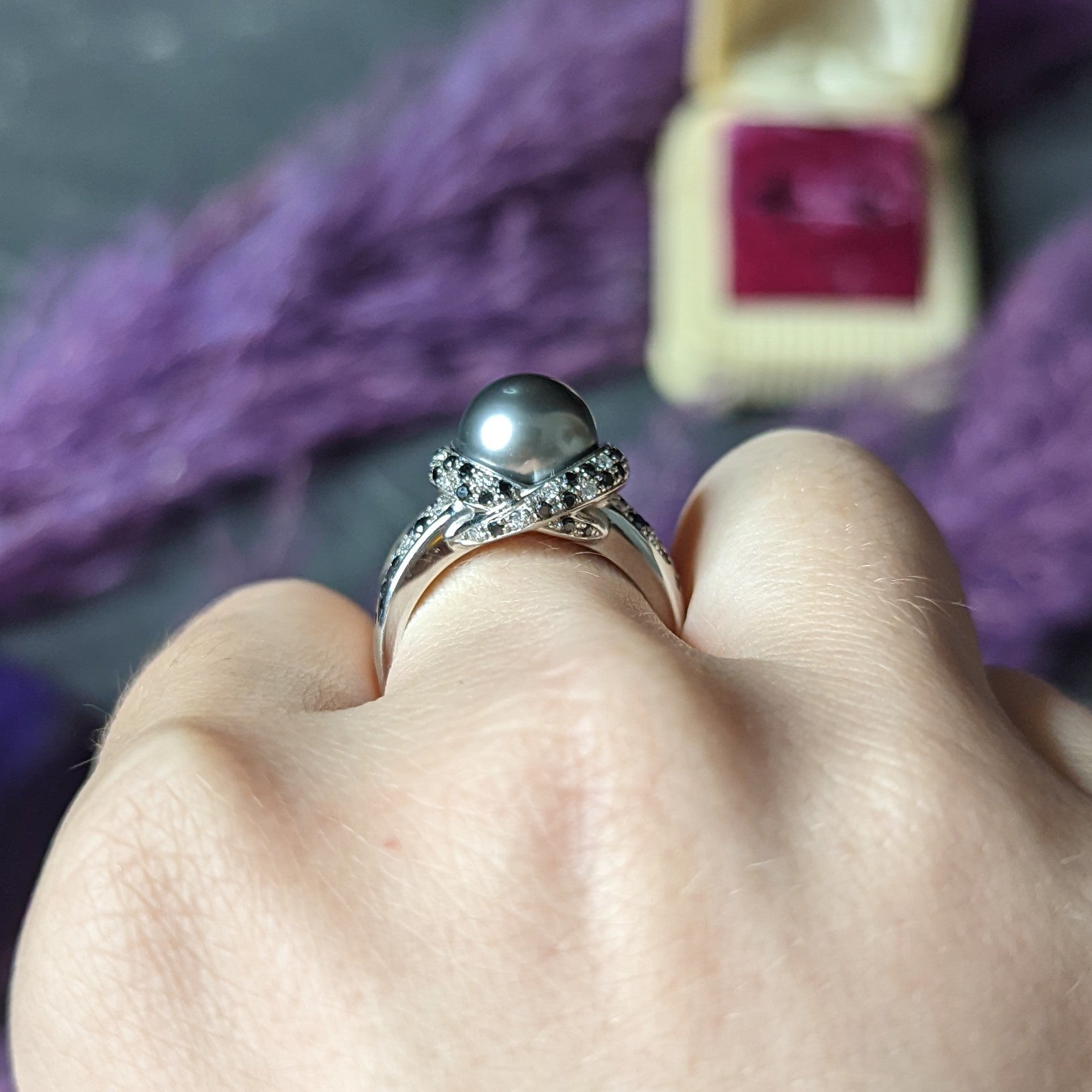 Mauboussin Paris Tahitian Pearl Diamond & Black Diamond 18 Karat White Gold Perle Caviar Mon Amour Ring Wilson's Estate Jewelry