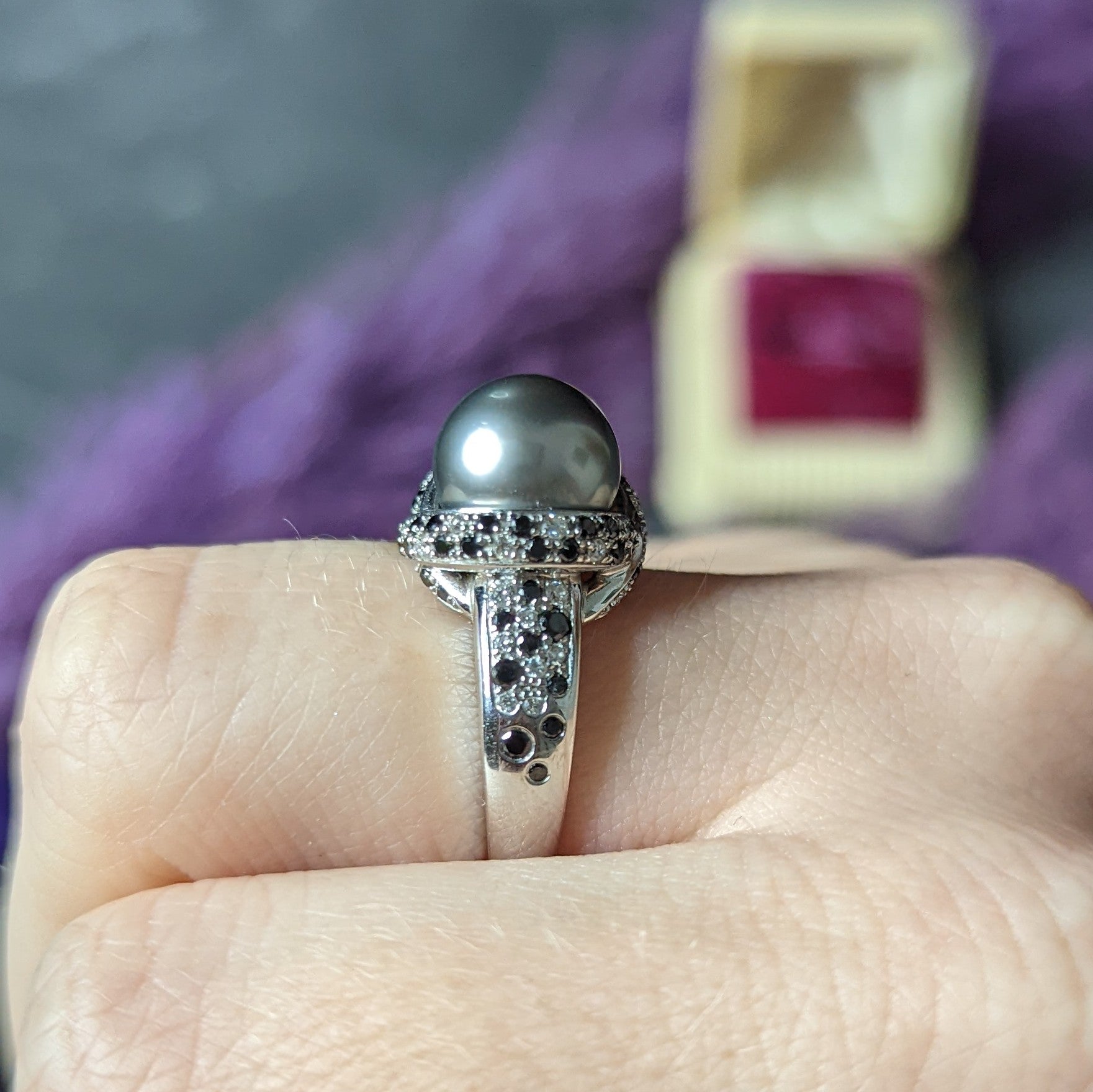 Mauboussin Paris Tahitian Pearl Diamond & Black Diamond 18 Karat White Gold Perle Caviar Mon Amour Ring Wilson's Estate Jewelry