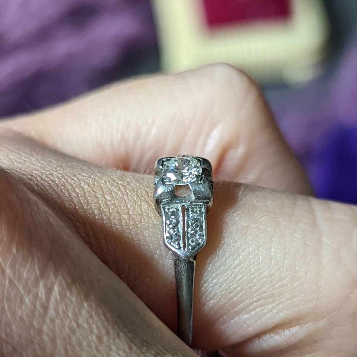 Art Deco 0.37 CTW Diamond Platinum Pyramidal Antique Engagement Ring Wilson's Estate Jewelry