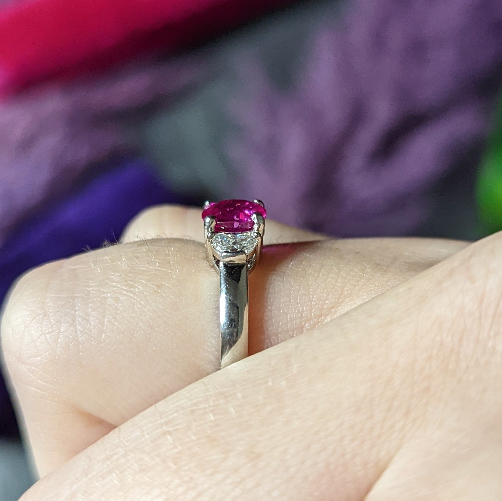 Vintage 1.78 CTW Pink Sapphire Diamond Platinum Three Stone Ring Wilson's Estate Jewelry