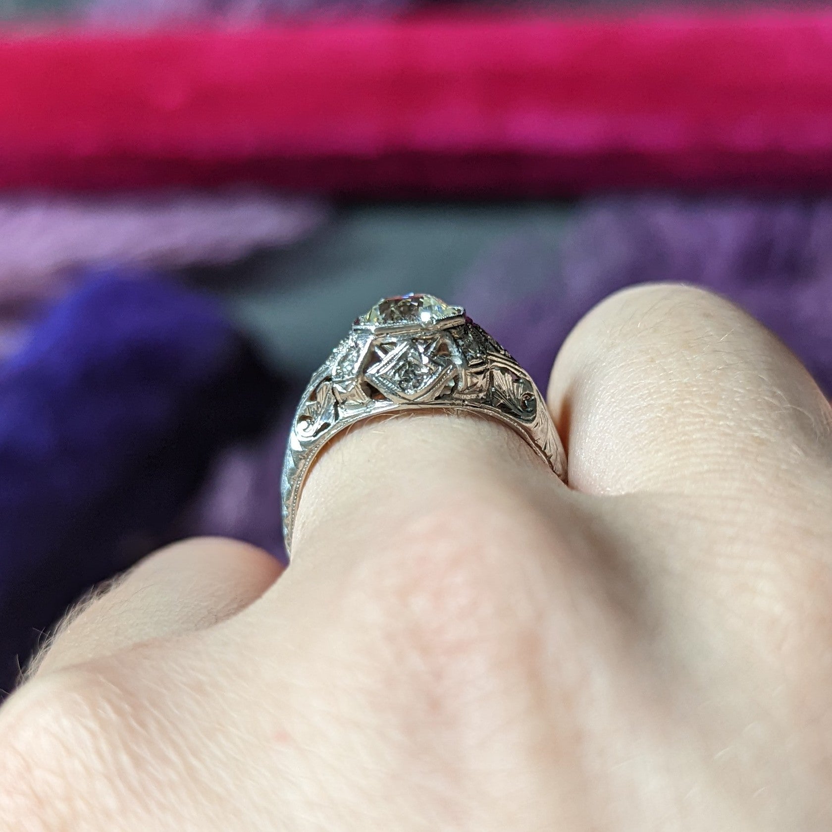 Edwardian Old European 1.64 CTW Diamond Platinum Foliate Antique Engagement Ring GIA Wilson's Estate Jewelry