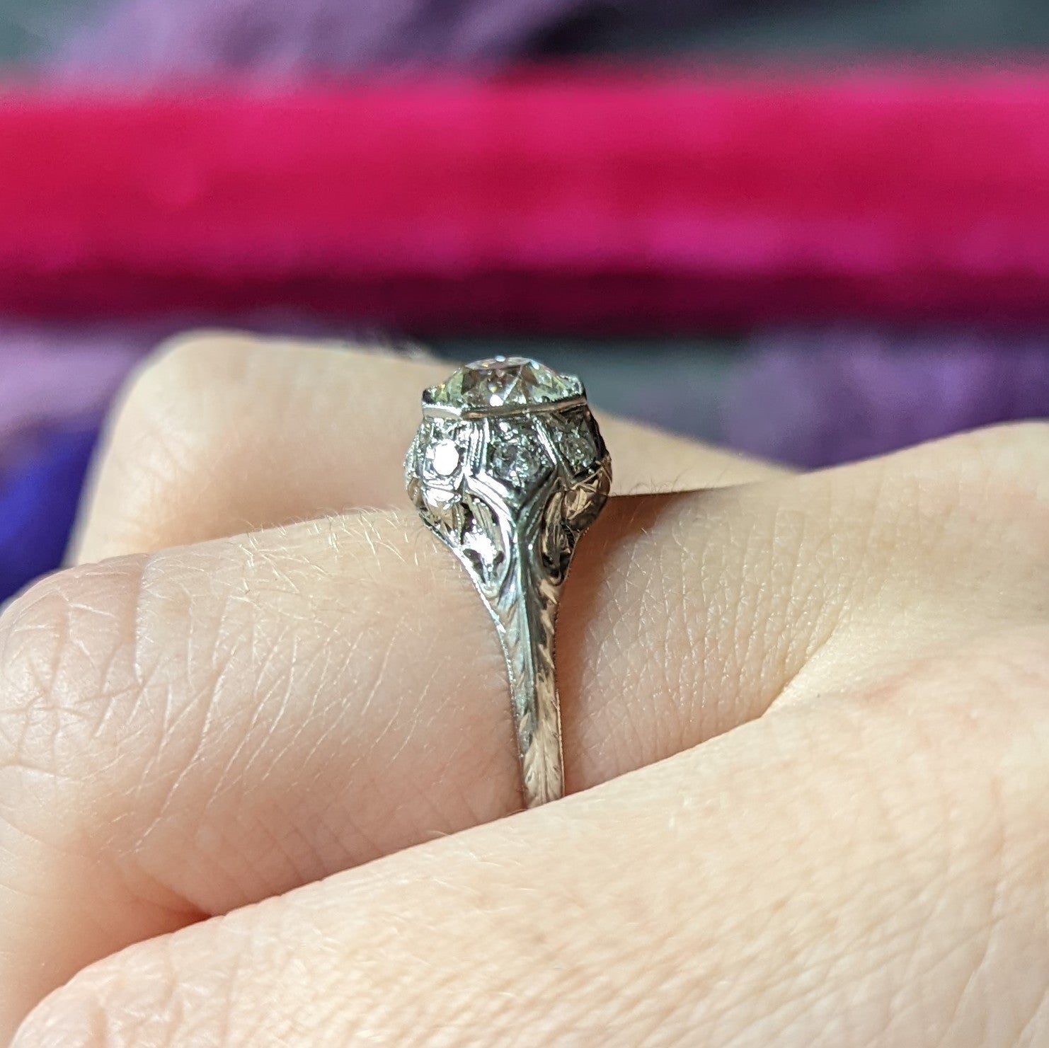 Edwardian Old European 1.64 CTW Diamond Platinum Foliate Antique Engagement Ring GIA Wilson's Estate Jewelry