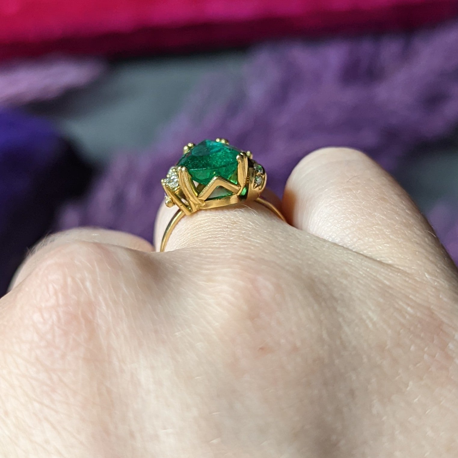 1960's Vintage 3.06 CTW Brazilian Emerald Diamond 18 Karat Yellow Gold Gemstone Ring GIA Wilson's Estate Jewelry