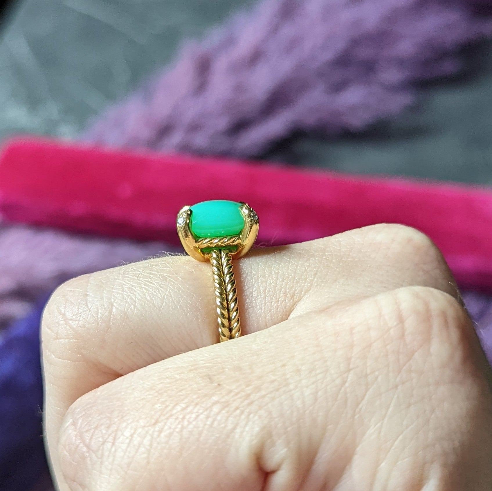 David Yurman Chrysoprase Cabochon Diamond 18 Karat Yellow Gold Chatelaine Gemstone Ring Wilson's Estate Jewelry