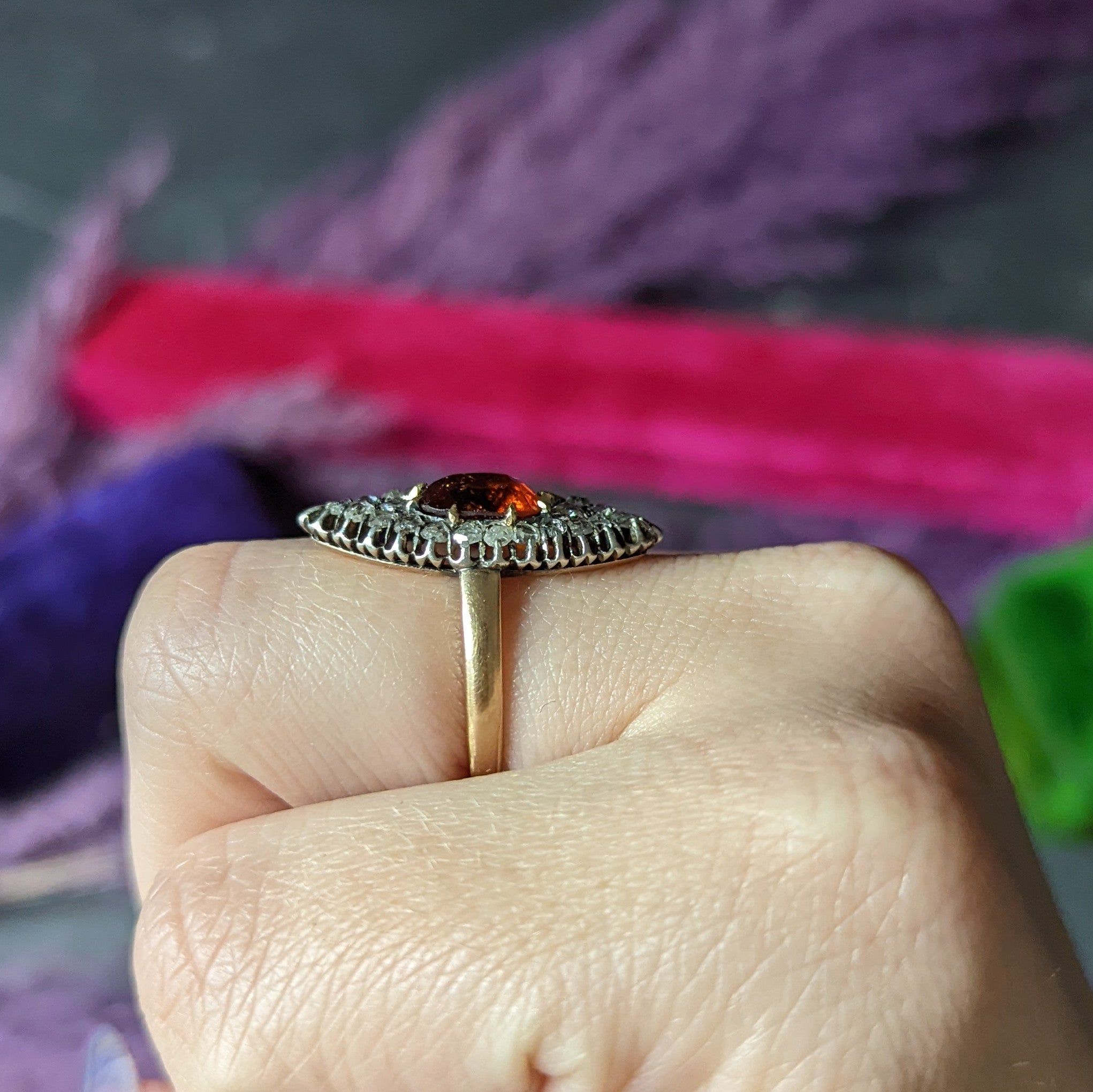 1908 Russian Hessonite Garnet Diamond Silver-Topped 14 Karat Yellow Gold Antique Navette Cluster Ring Wilson's Estate Jewelry