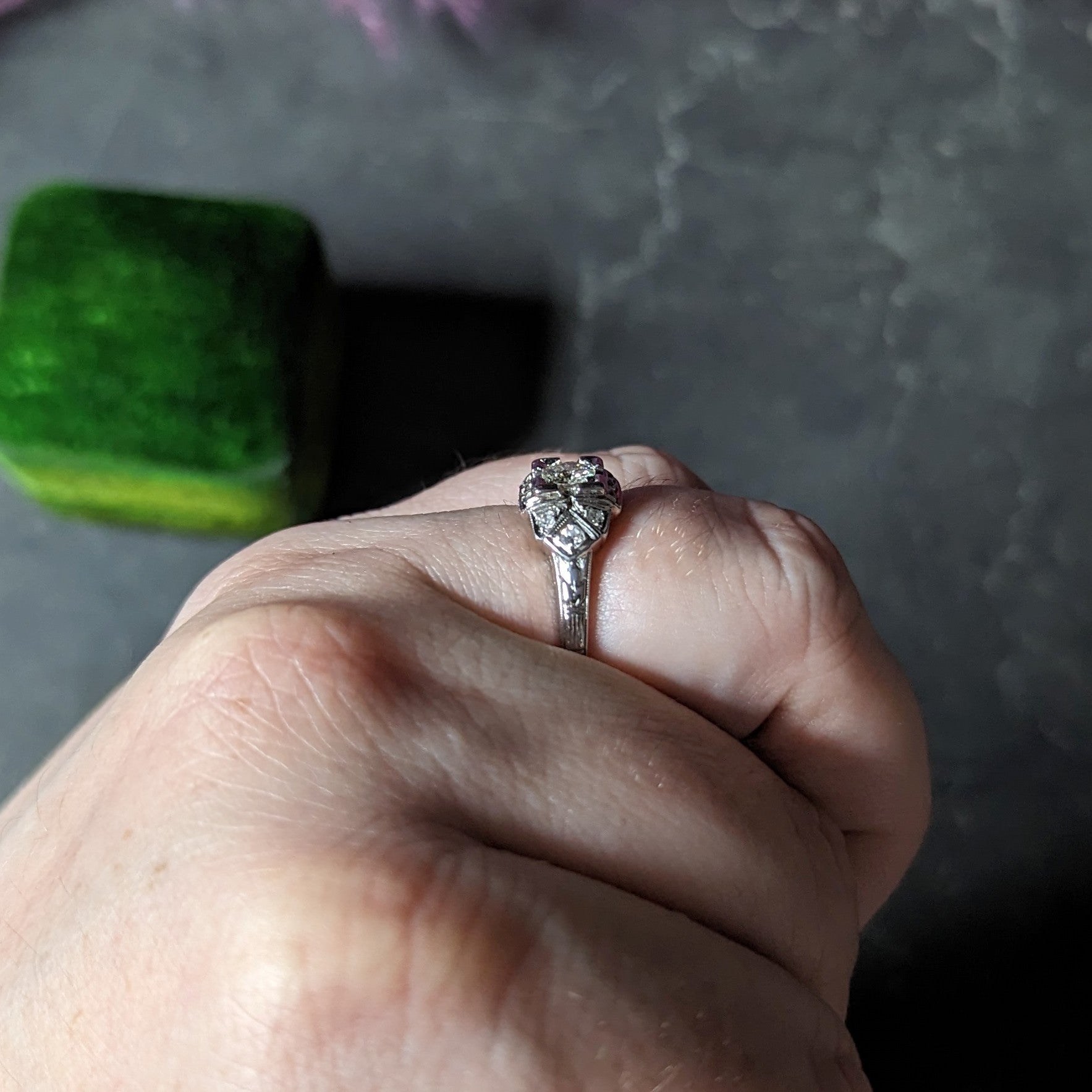 Art Deco 0.25 CTW Old European Cut Diamond 18 Karat White Gold Wheat Engagement Ring Wilson's Estate Jewelry