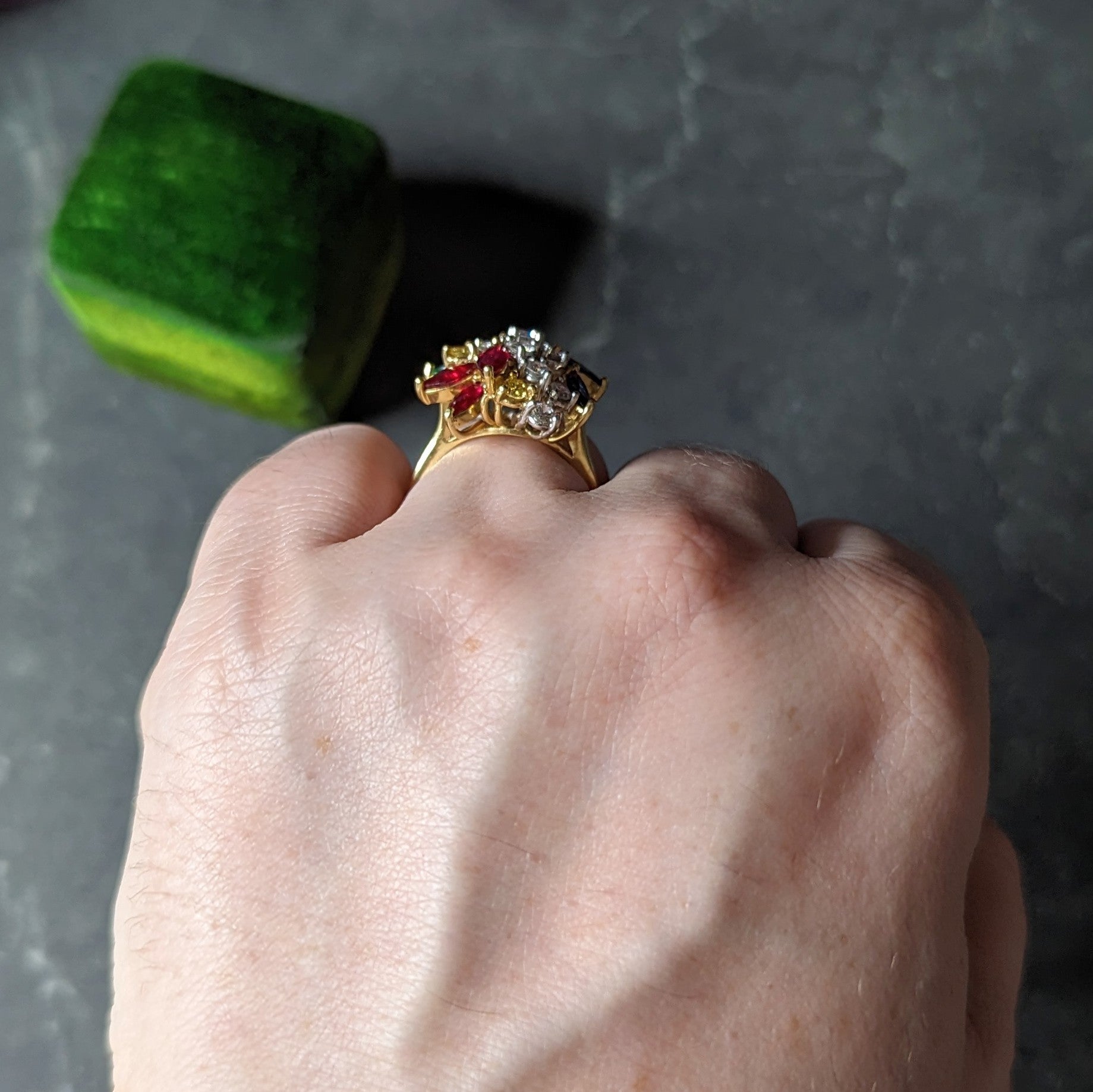3.15 CTW Fancy Yellow Diamond Ruby Emerald Sapphire Platinum 18 Karat Yellow Gold Vintage Cluster Ring Wilson's Estate Jewelry