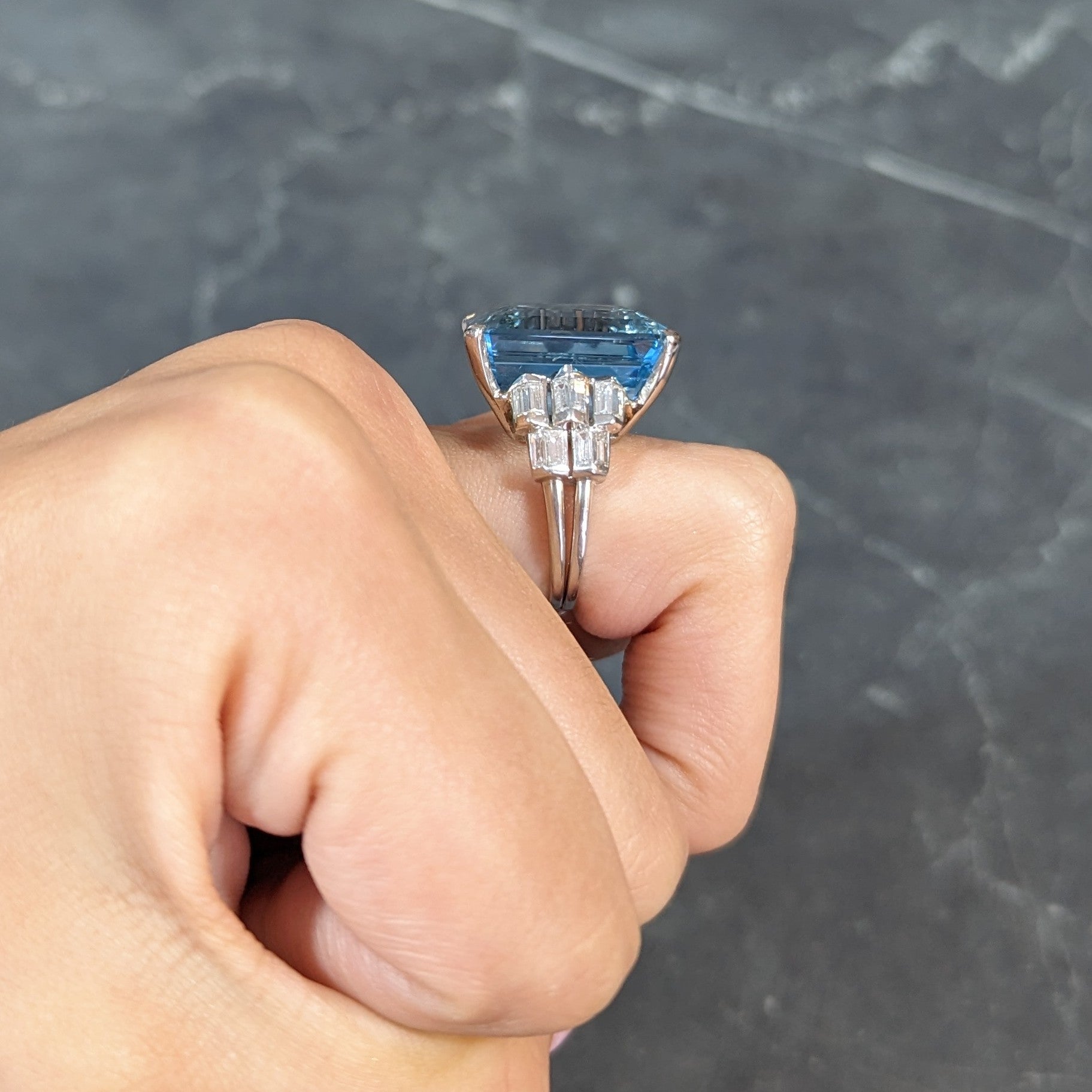 Mid-Century 25.76 CTW Emerald Cut Aquamarine Baguette Cut Diamond Platinum Stepped Chevron Antique Cocktail Ring Wilson's Estate Jewelry